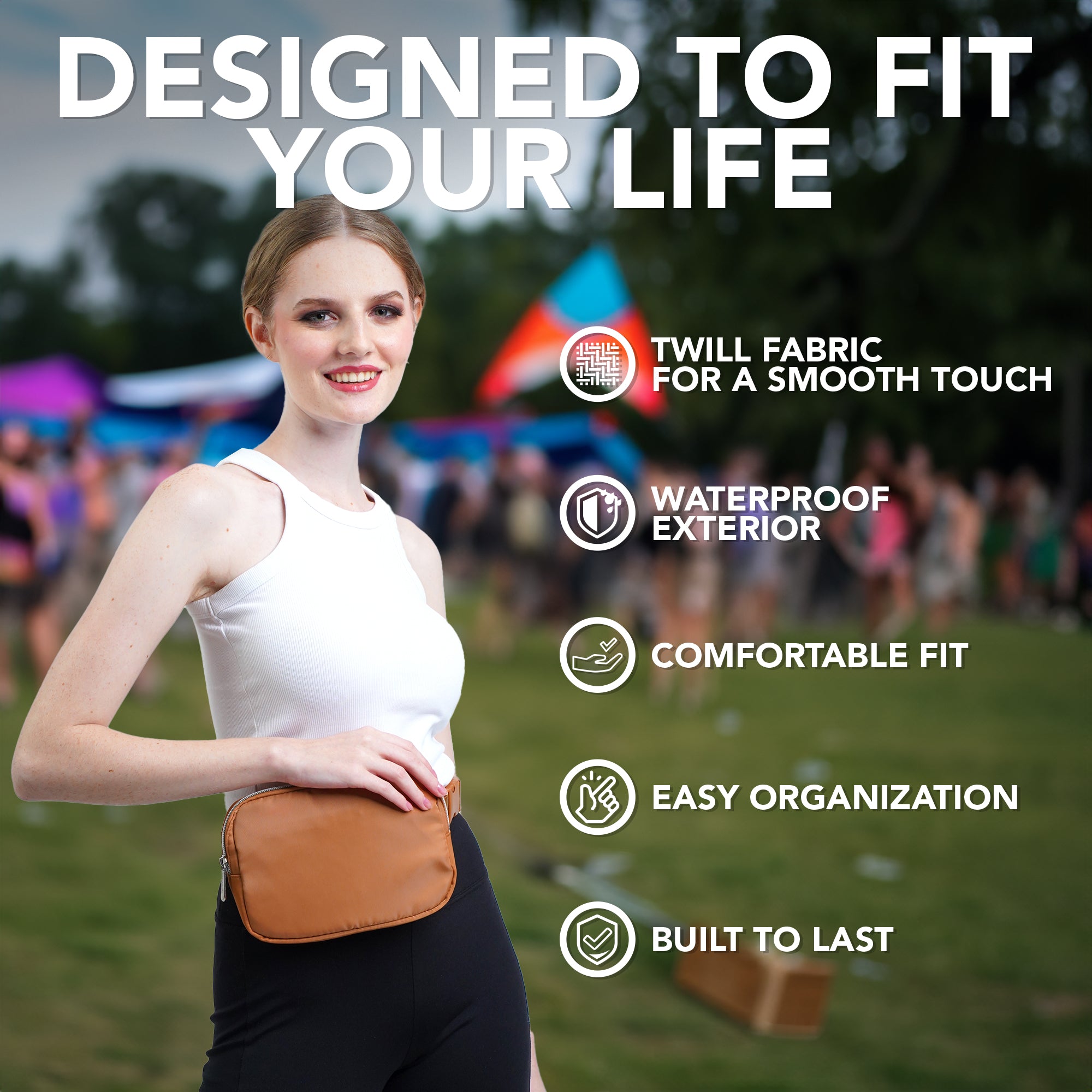 Fanny Pack (1 Pocket) in twill fabric, waterproof exterior, perfect for rave outfits.