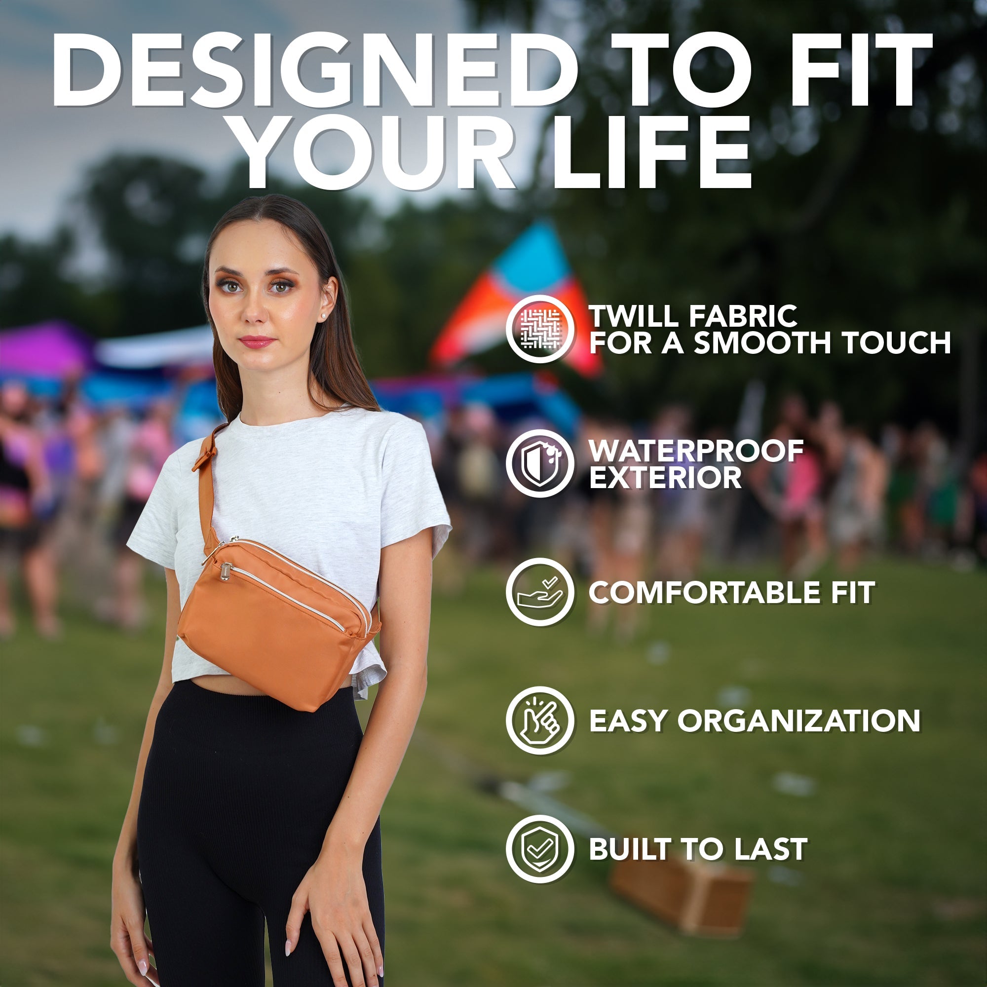 Fanny Pack (3 Pocket) worn by a woman, showcasing stylish design and durable twill fabric, perfect for rave outfits.