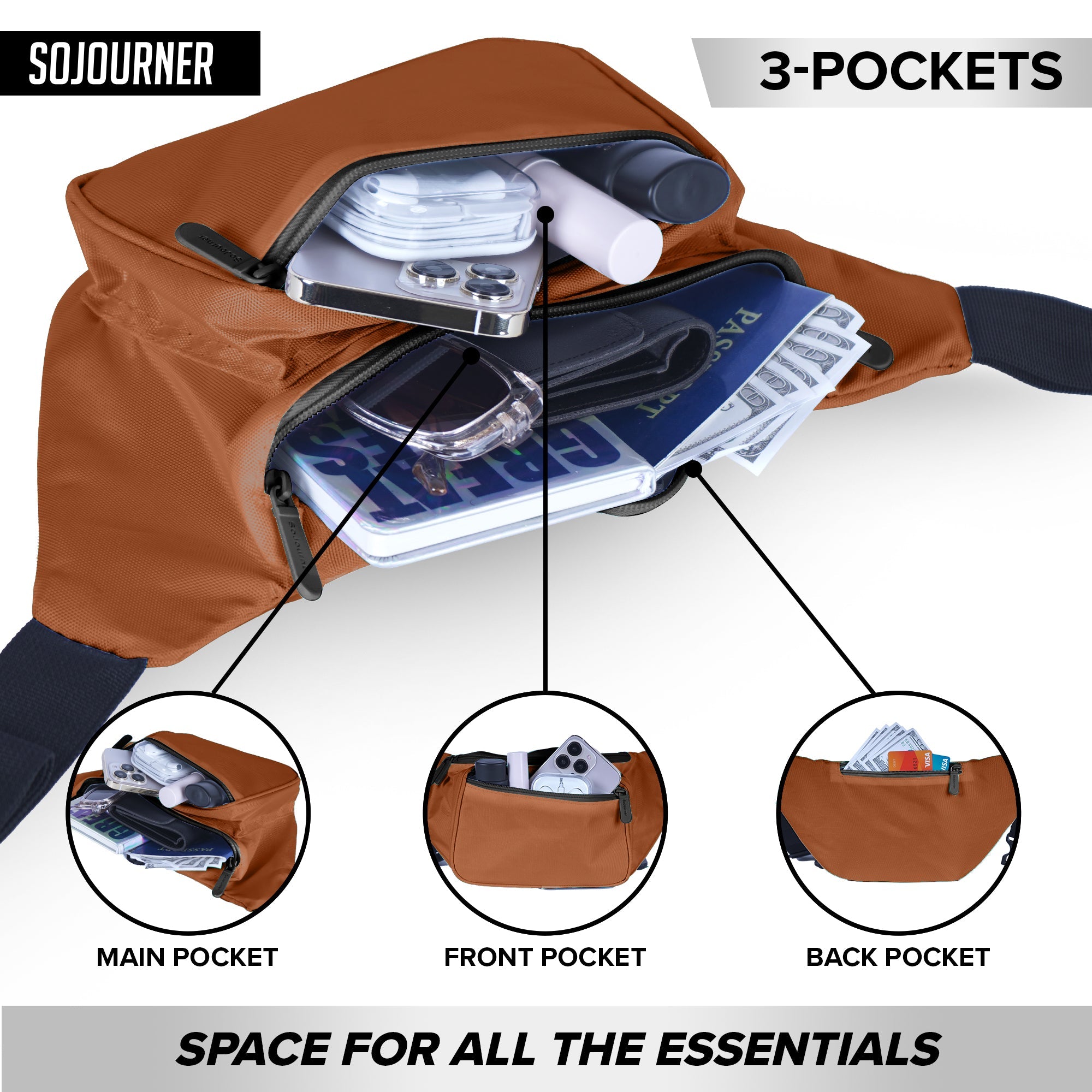 Fanny Pack (Solids) with three pockets showing organized space for essentials, perfect for rave outfits.