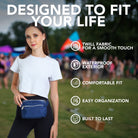 Fanny Pack (3 Pocket) worn by a model in stylish outfit, showcasing features like waterproof exterior and comfortable fit.