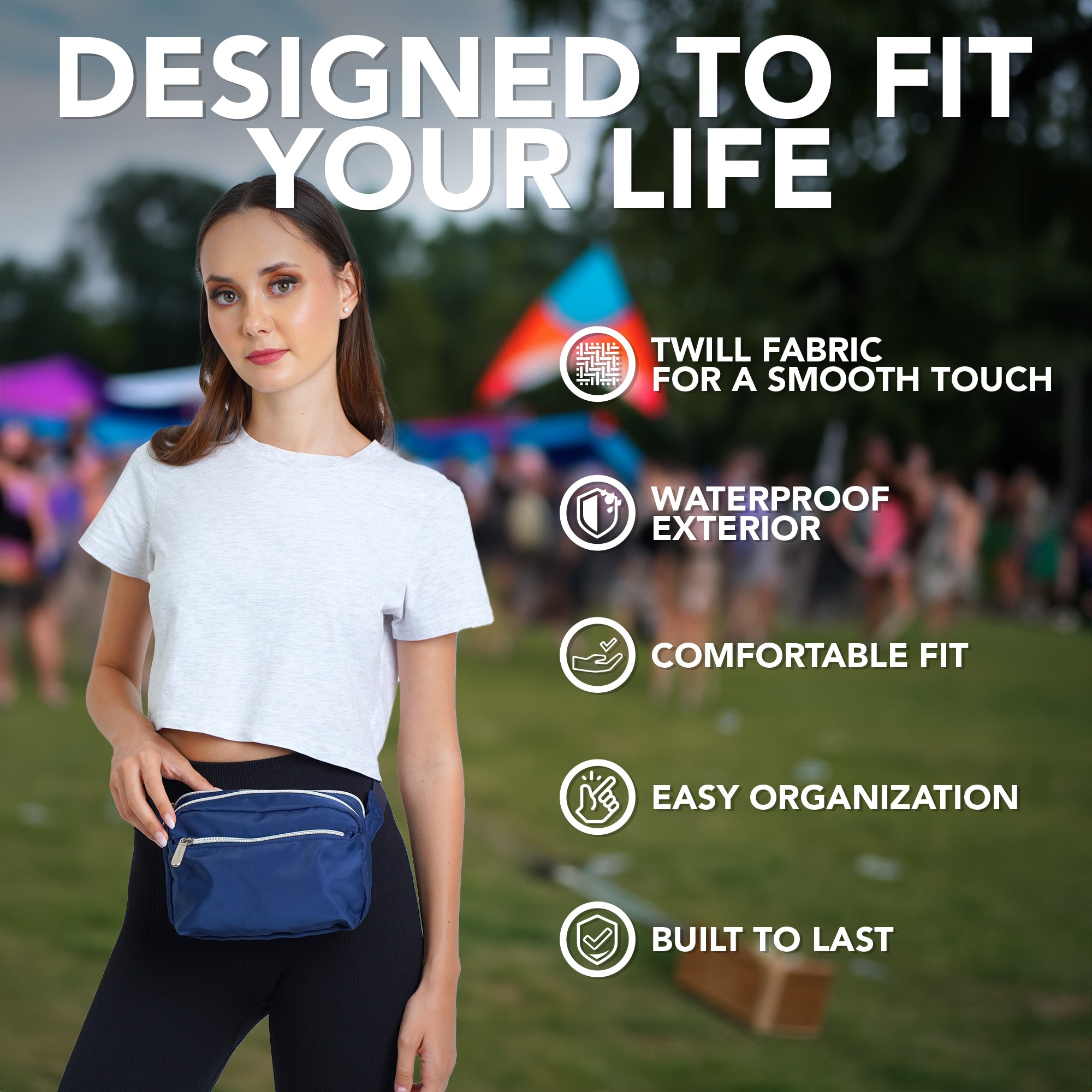 Fanny Pack (3 Pocket) worn by a model in stylish outfit, showcasing features like waterproof exterior and comfortable fit.