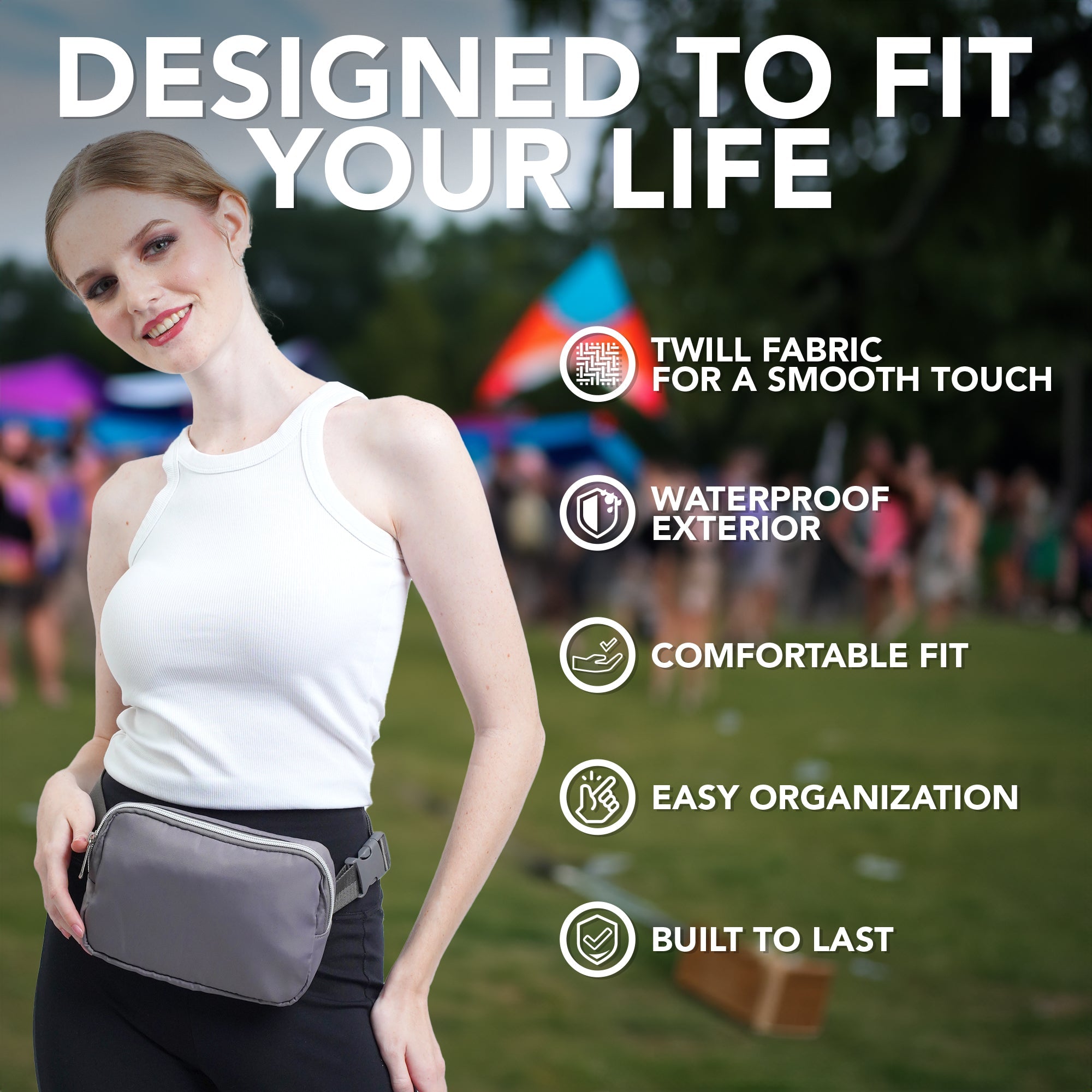 Stylish woman wearing Fanny Pack (1 Pocket) at outdoor event, showcasing its durable, waterproof design.