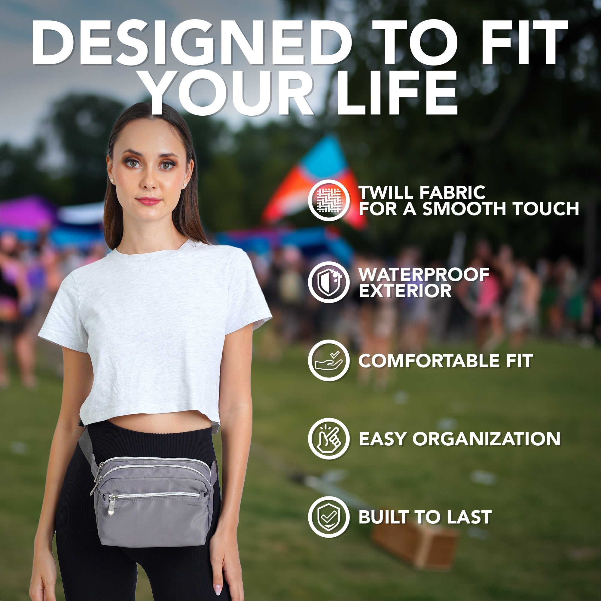 Fanny Pack (3 Pocket) worn by a woman outdoors, showcasing its stylish design and waterproof features.