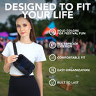 Fanny Pack (1 Pocket) worn by a woman in a festival setting, showcasing bold colors and a waterproof exterior.