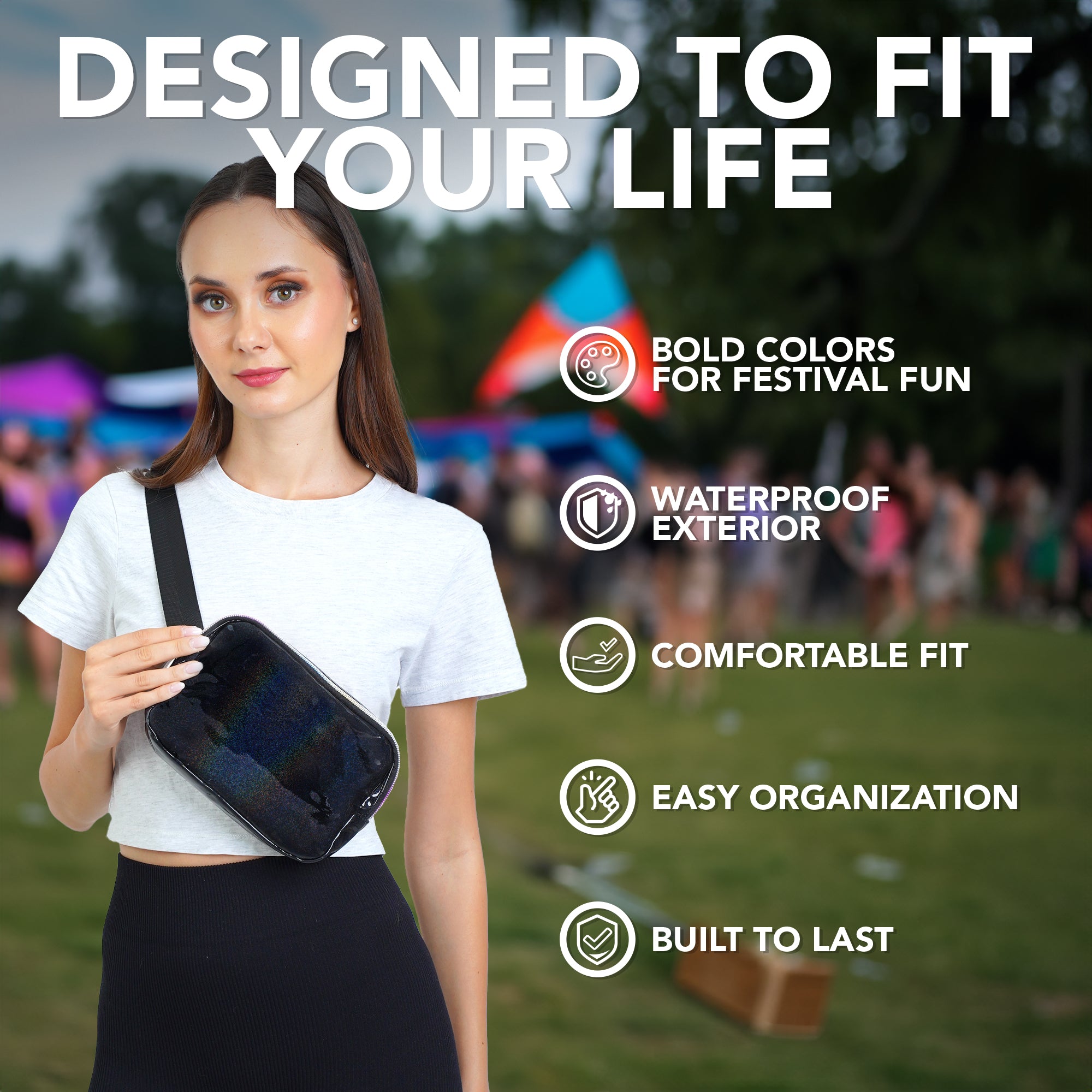Fanny Pack (1 Pocket) worn by a woman in a festival setting, showcasing bold colors and a waterproof exterior.