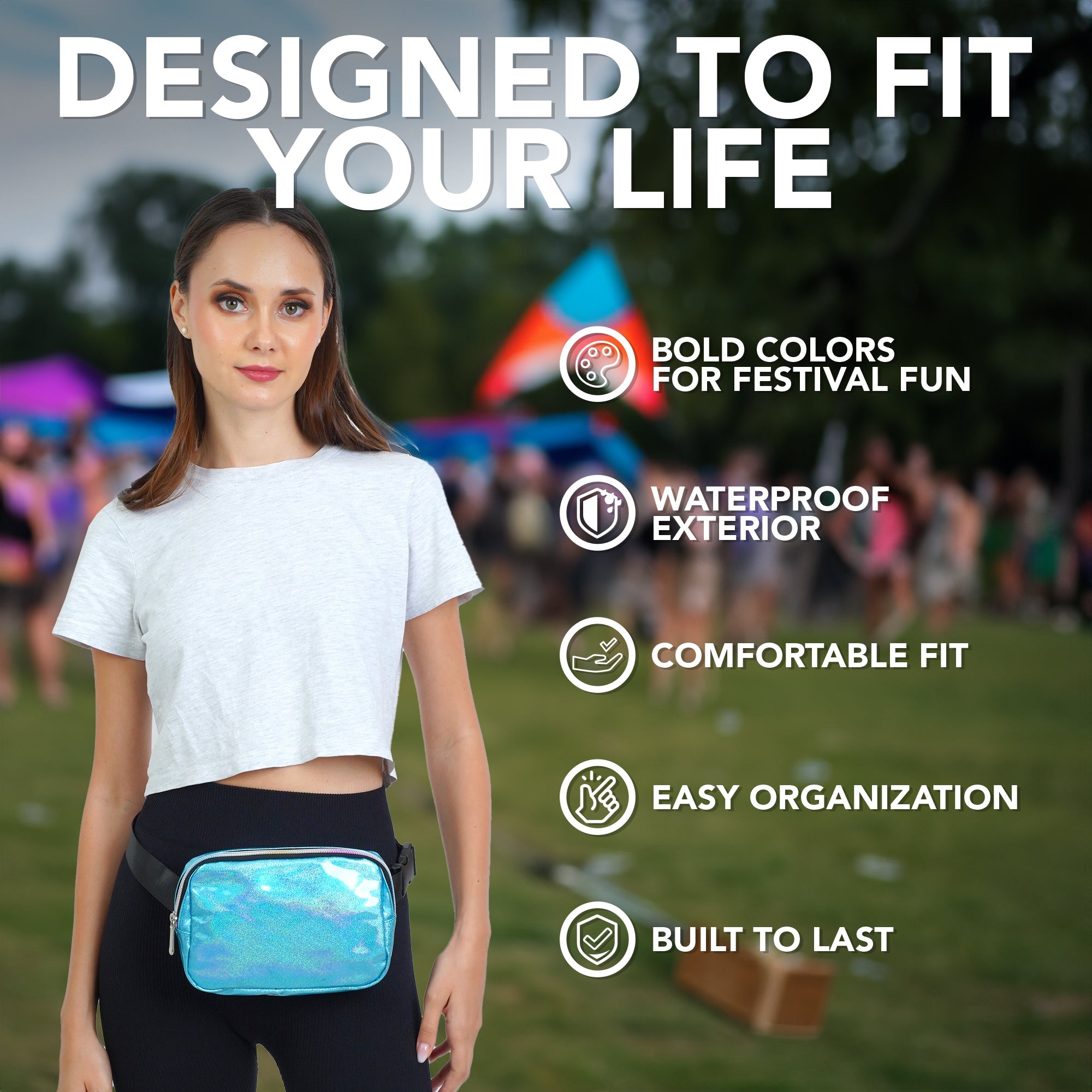 Fanny Pack (1 Pocket) featuring a waterproof exterior, designed for festivals with bold colors and a comfortable fit.