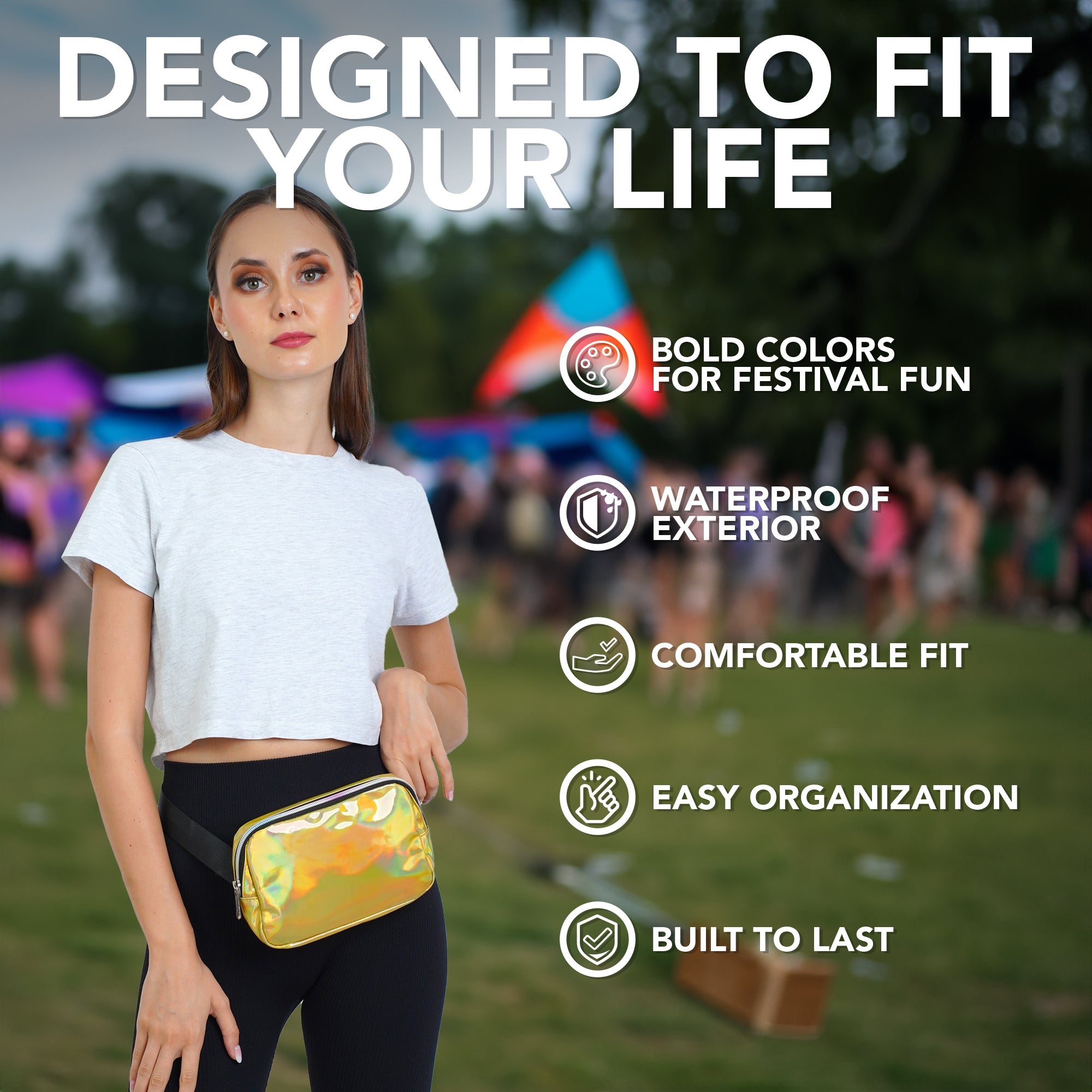 Fanny Pack (1 Pocket) designed for festivals with waterproof exterior, bold colors, and comfortable fit.