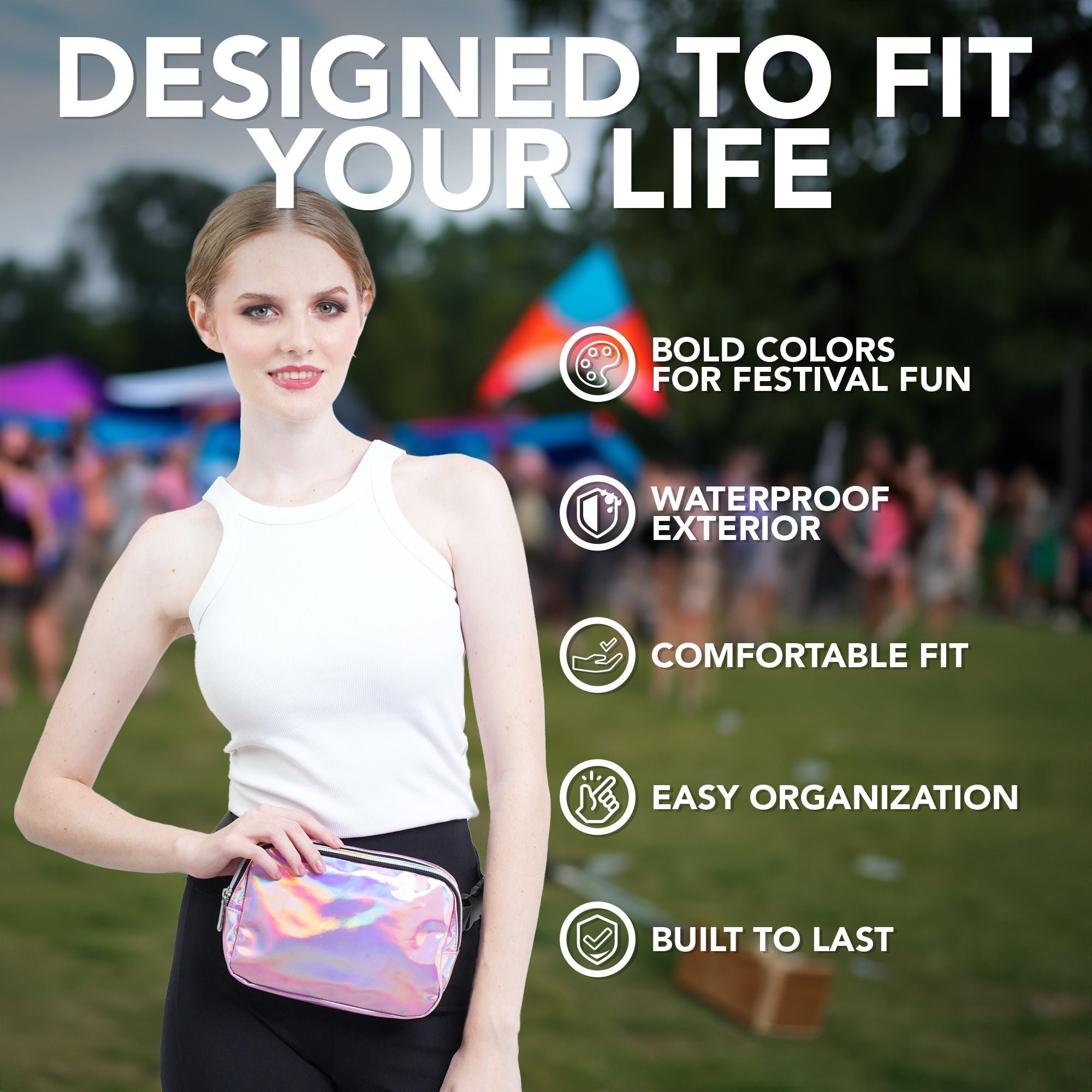 Fanny Pack (1 Pocket) showcasing a stylish, waterproof design perfect for rave outfits and festivals.