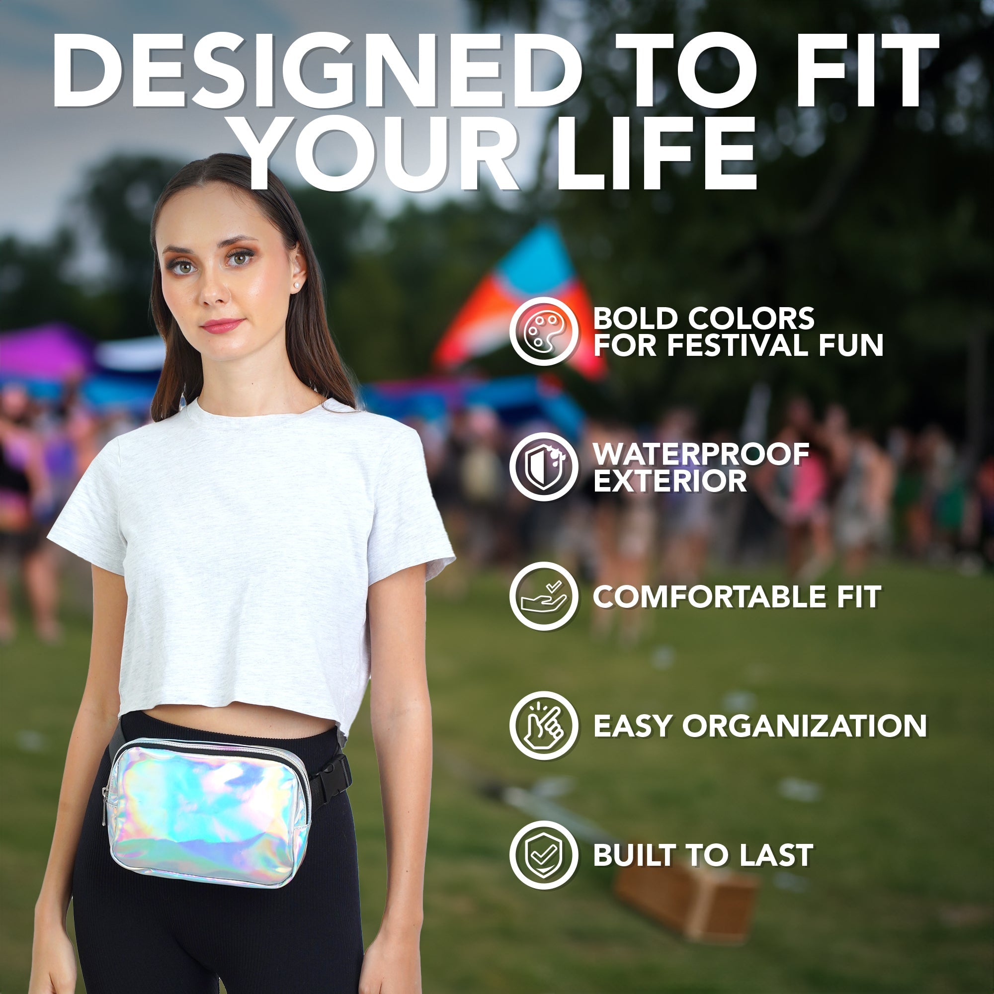 Fanny Pack (1 Pocket) worn by a woman at a festival, featuring bold colors and a waterproof exterior for easy organization.