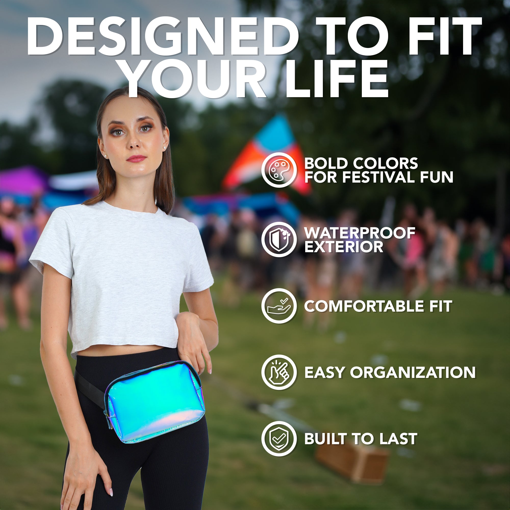 Fanny Pack (1 Pocket) with waterproof exterior, bold colors, and designed for easy organization at festivals.