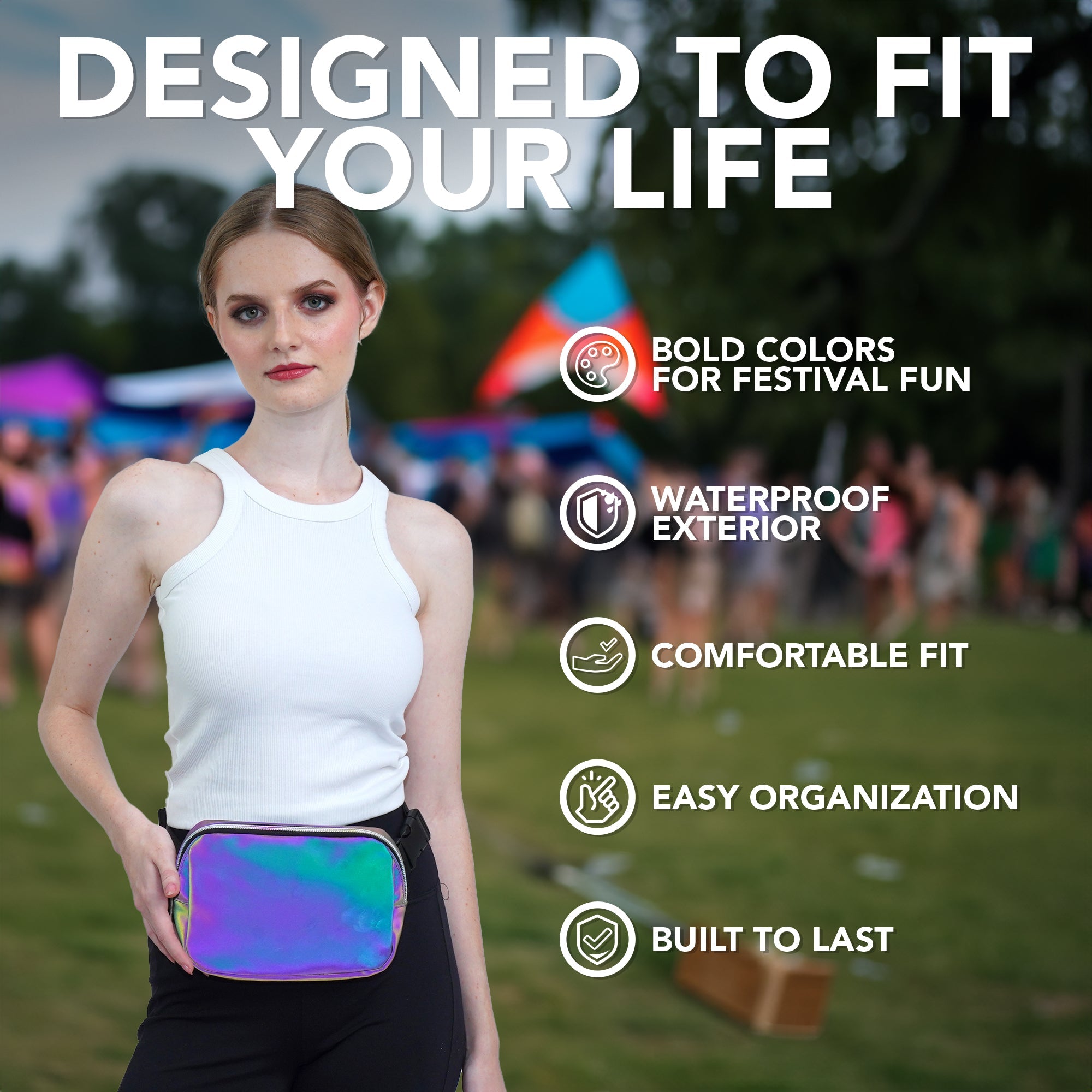 Fanny Pack (1 Pocket) designed to fit your life, featuring a waterproof exterior and bold colors for rave outfits.