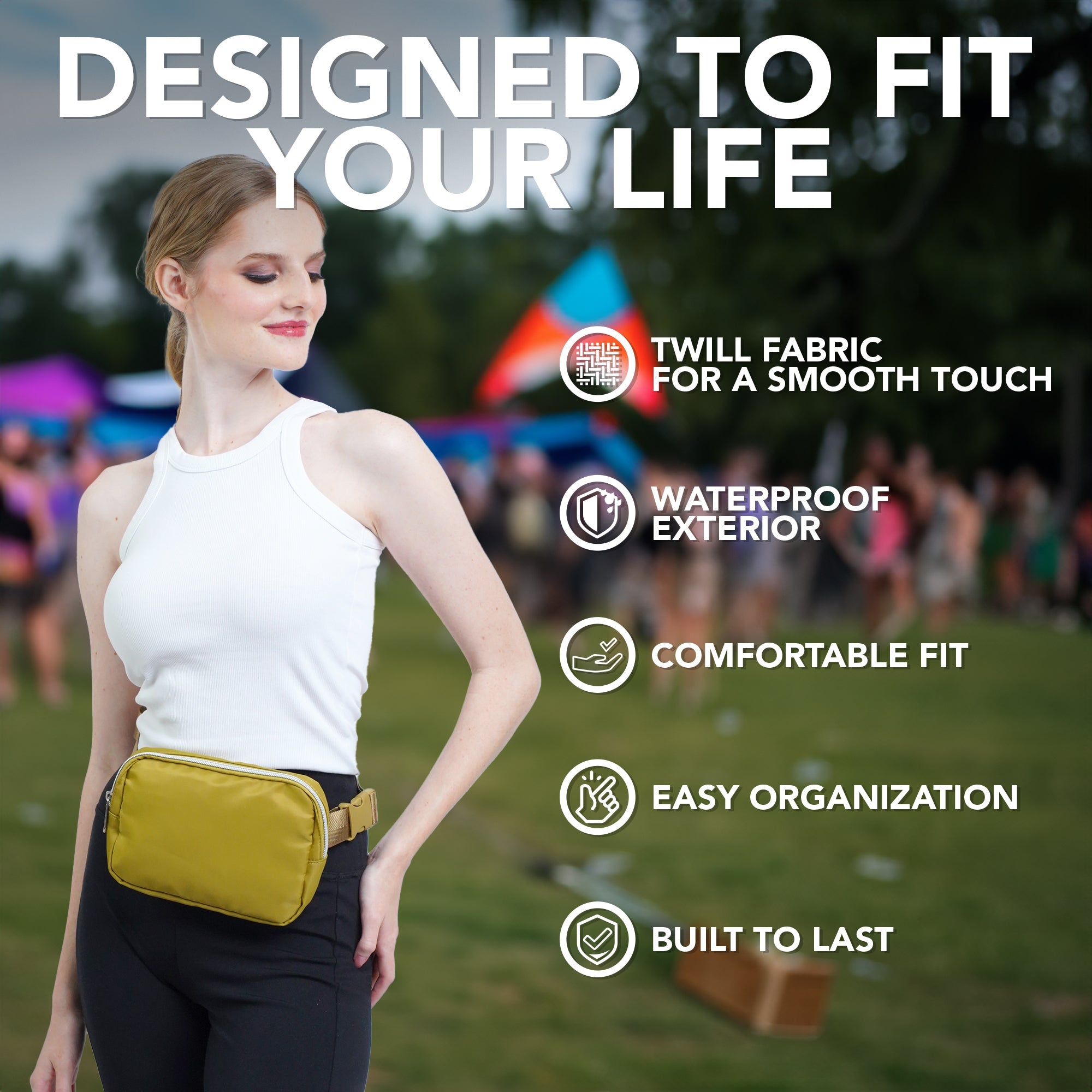 Fanny Pack (1 Pocket) featuring waterproof twill fabric, comfortable fit, and designed for stylish rave outfits.