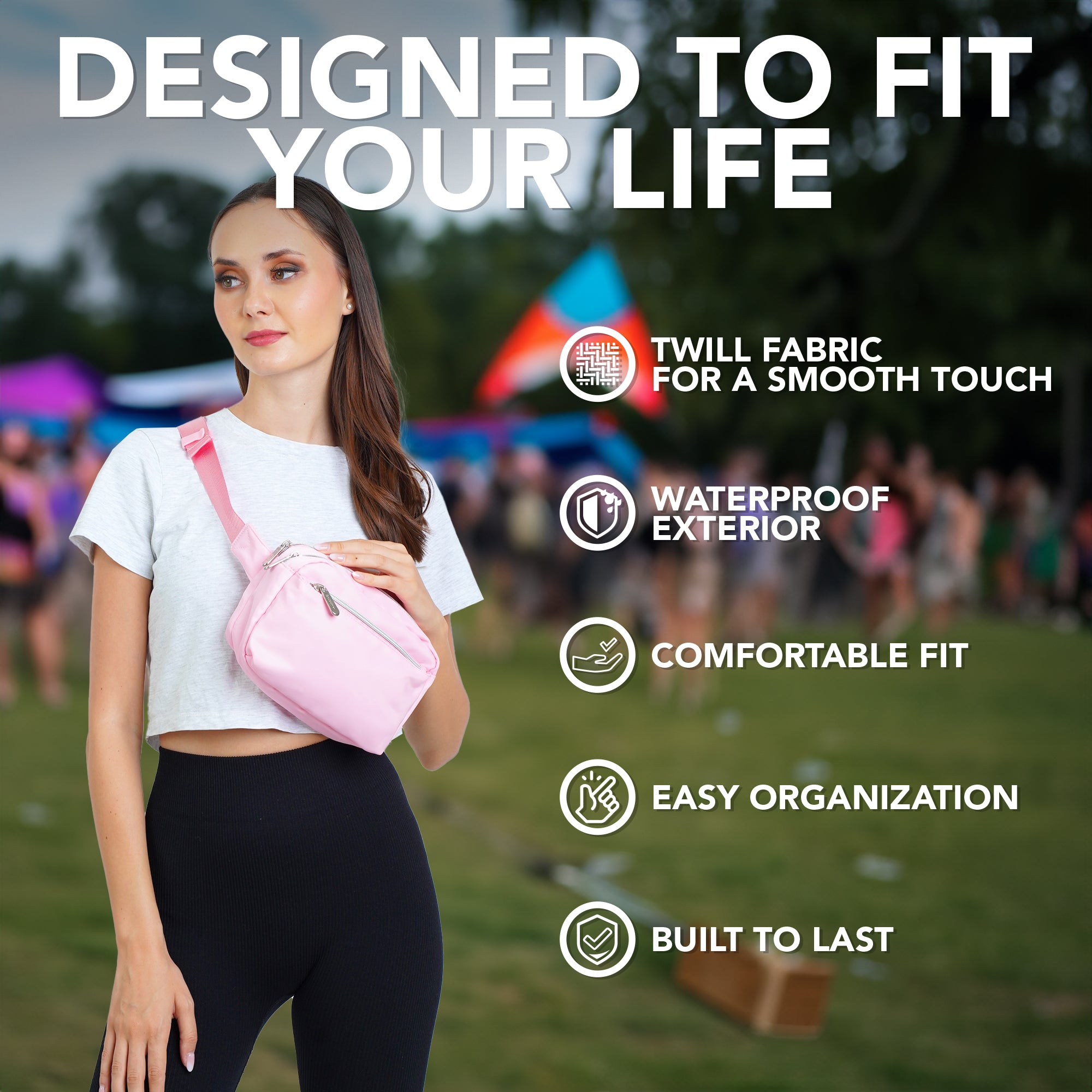 Fanny Pack (3 Pocket) worn by a woman outdoors, showcasing stylish design, twill fabric, and waterproof features.