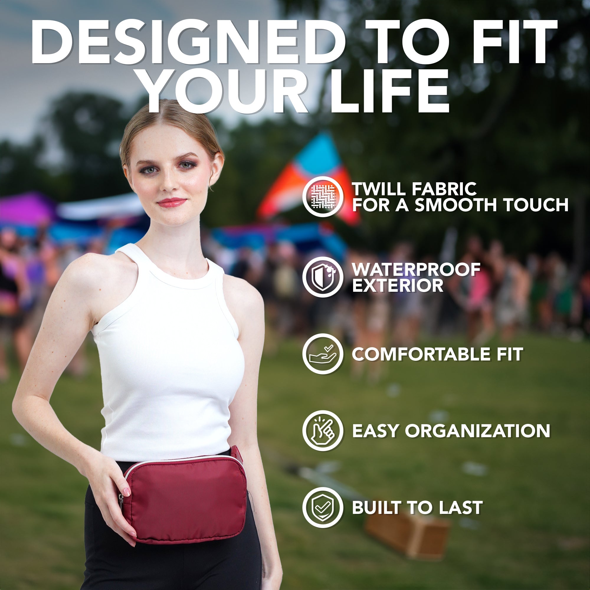 Fanny Pack (1 Pocket) in twill fabric, waterproof exterior for stylish rave outfits, offering a comfortable fit and easy organization.