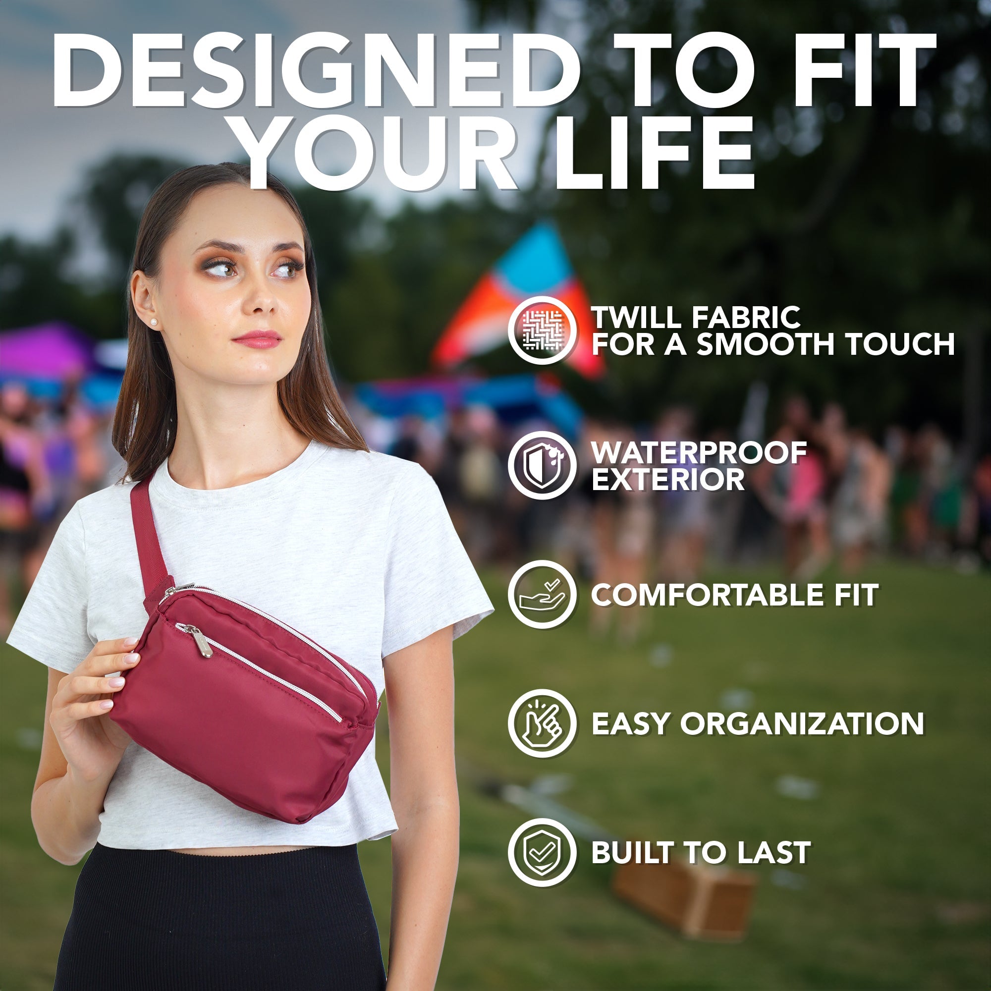 Fanny Pack (3 Pocket) designed to fit your life, featuring twill fabric and waterproof exterior for stylish comfort.