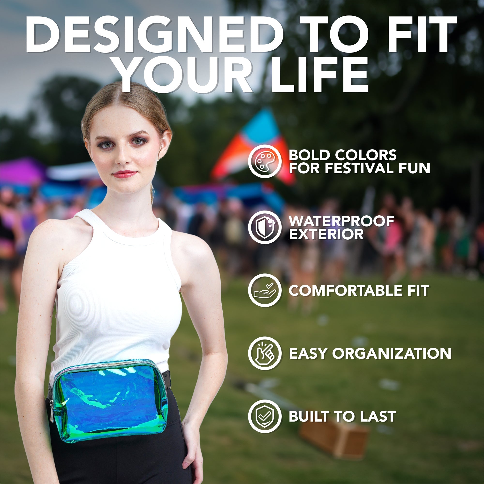 Fanny Pack (1 Pocket) worn by model showcasing its waterproof exterior and stylish design for rave outfits.