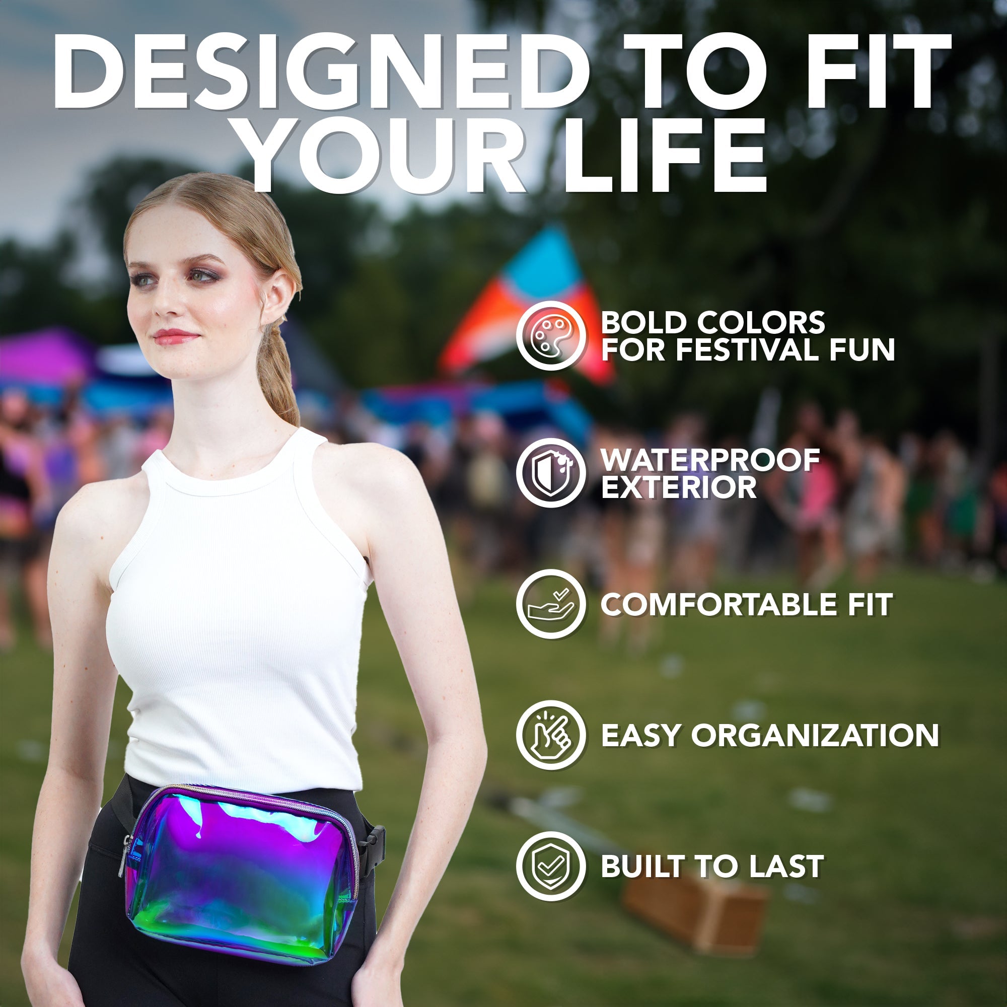 Fanny Pack (1 Pocket) worn by a woman at a festival showcasing bold colors and waterproof exterior.