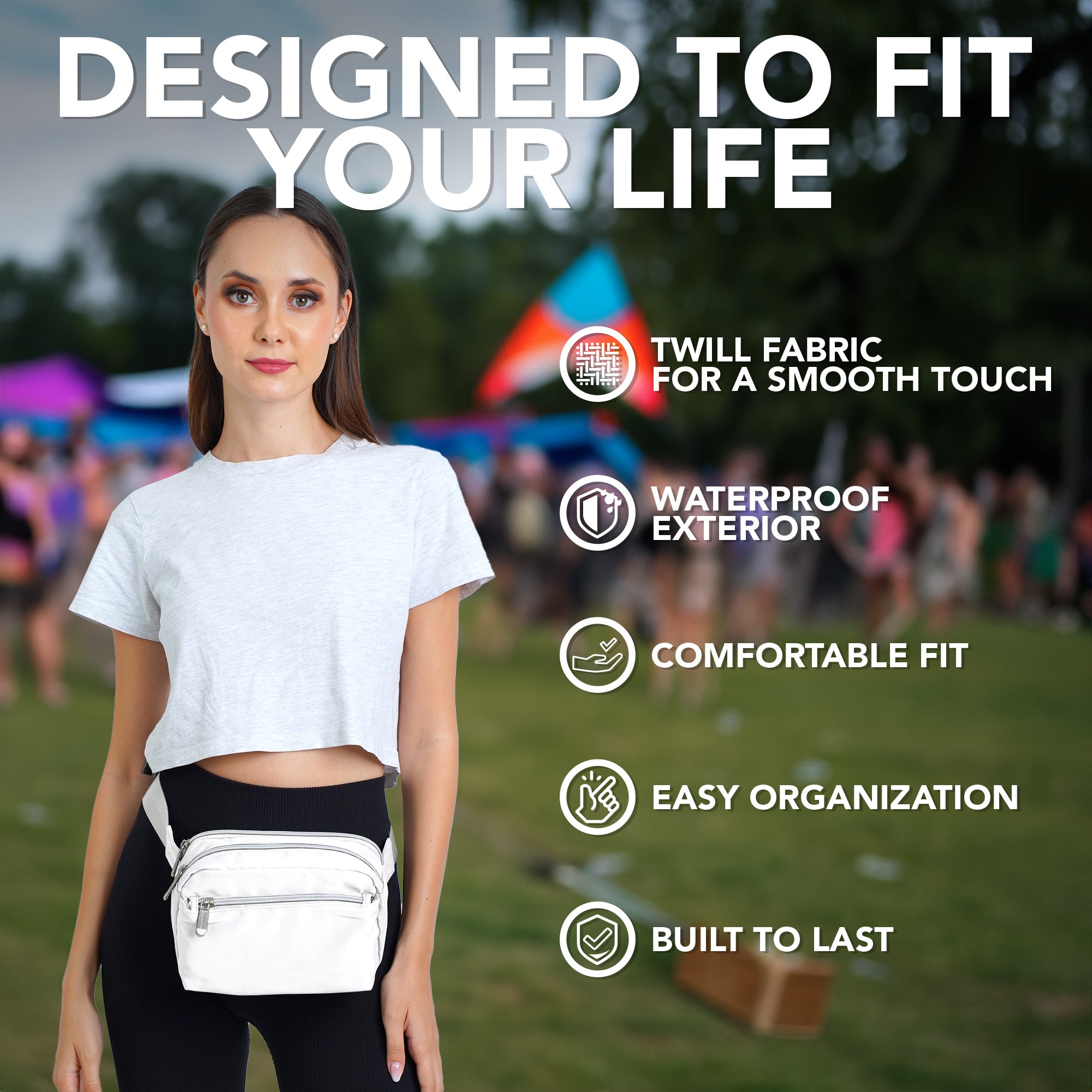 Fanny Pack (3 Pocket) stylish twill fabric, waterproof and comfortable fit, perfect for rave outfits.