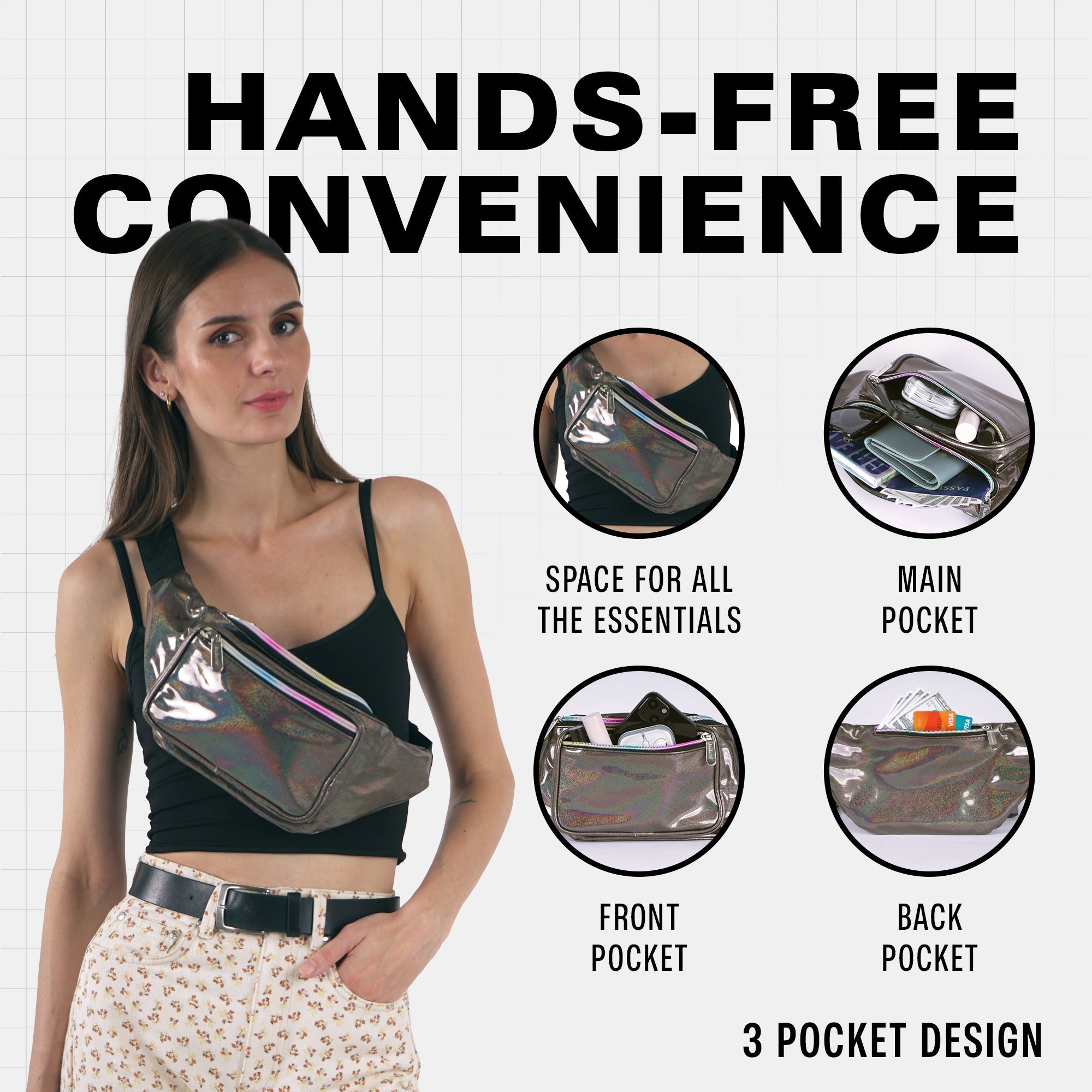 Rave Fanny Pack demonstrating hands-free convenience with three pocket design, ideal for festivals and outdoor activities.
