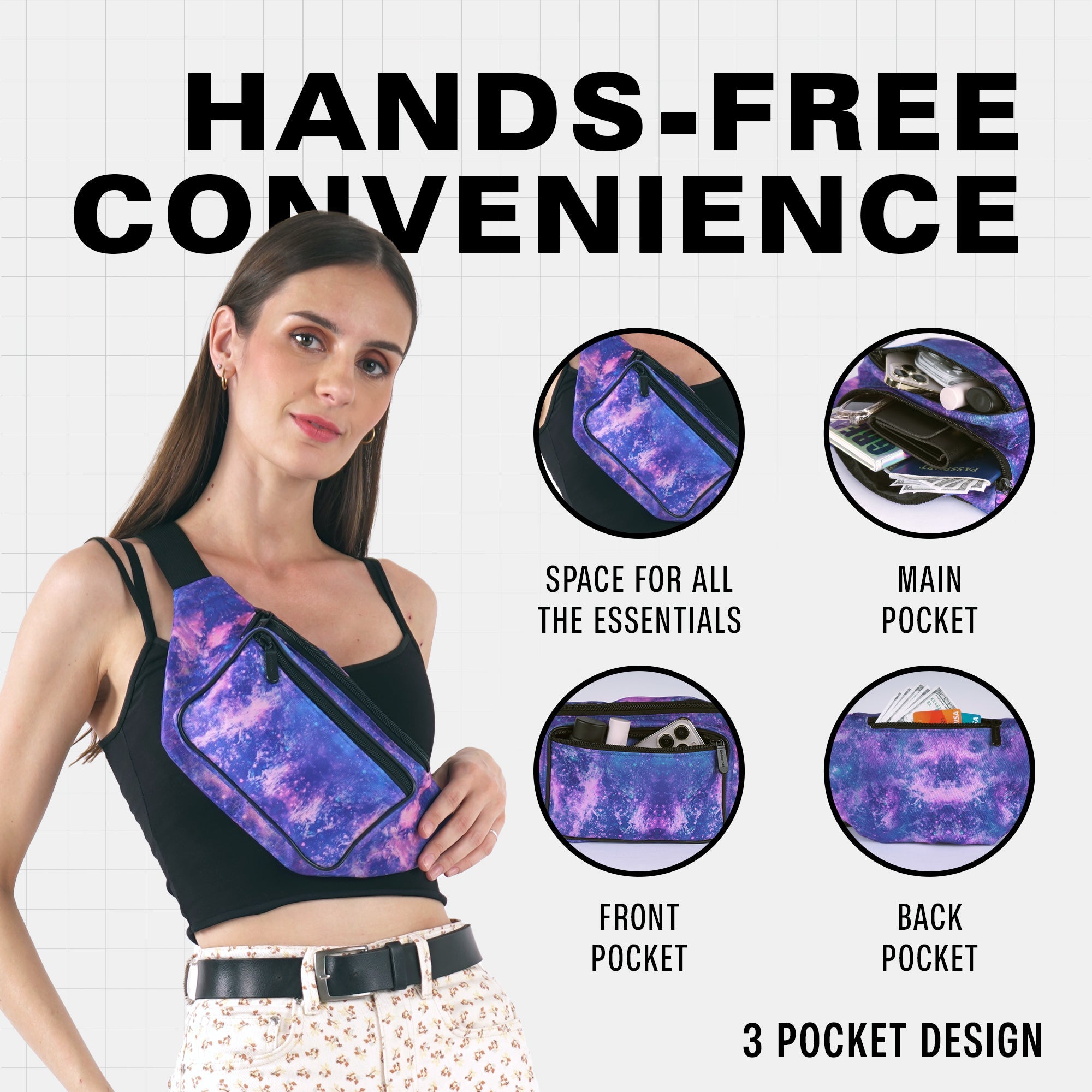 Rave Fanny Pack featuring hands-free convenience and three pocket design for essentials, ideal for Rave Outfits.