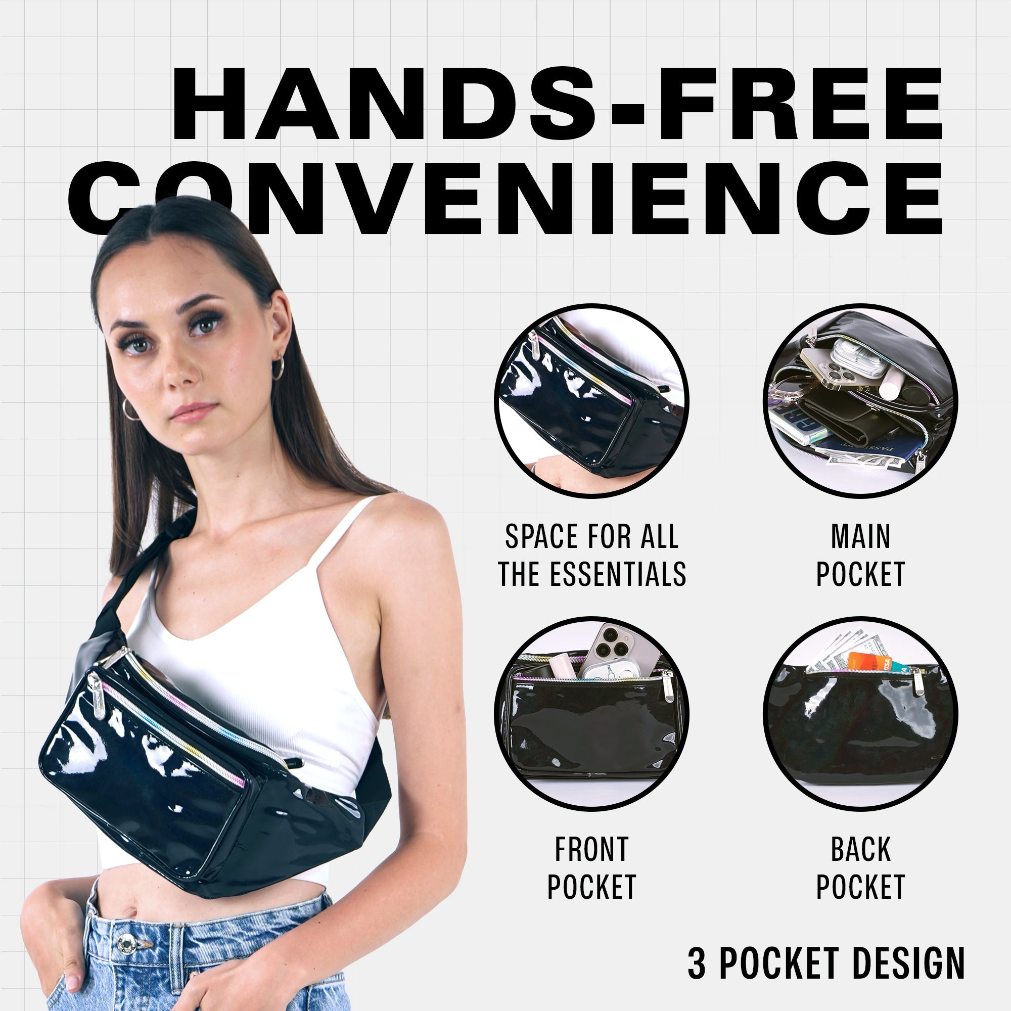 Rave Fanny Pack showcasing hands-free convenience with 3 pockets for essentials, perfect for festivals and casual outings.