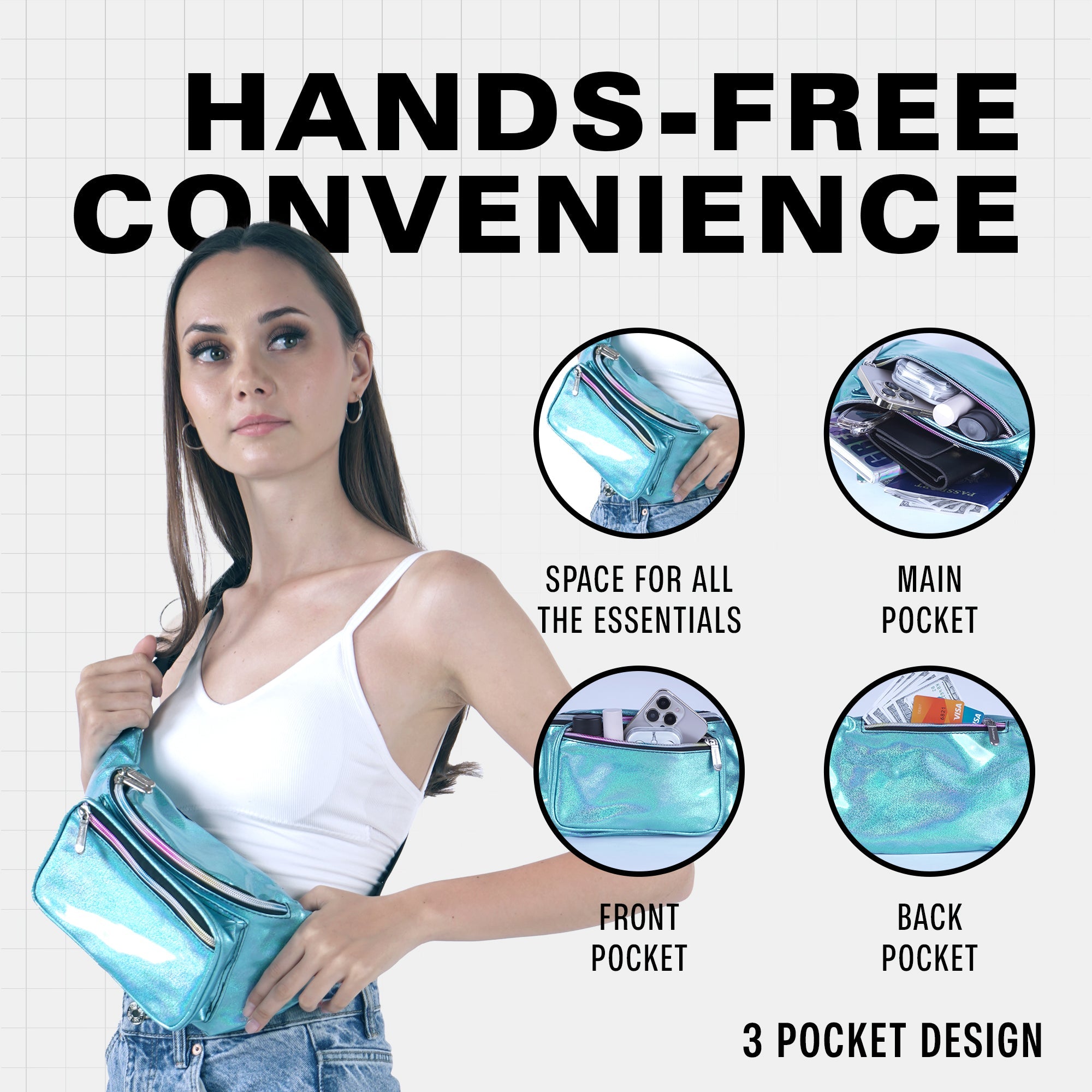 Model showcasing Rave Fanny Pack with hands-free convenience and multiple pockets for essentials.