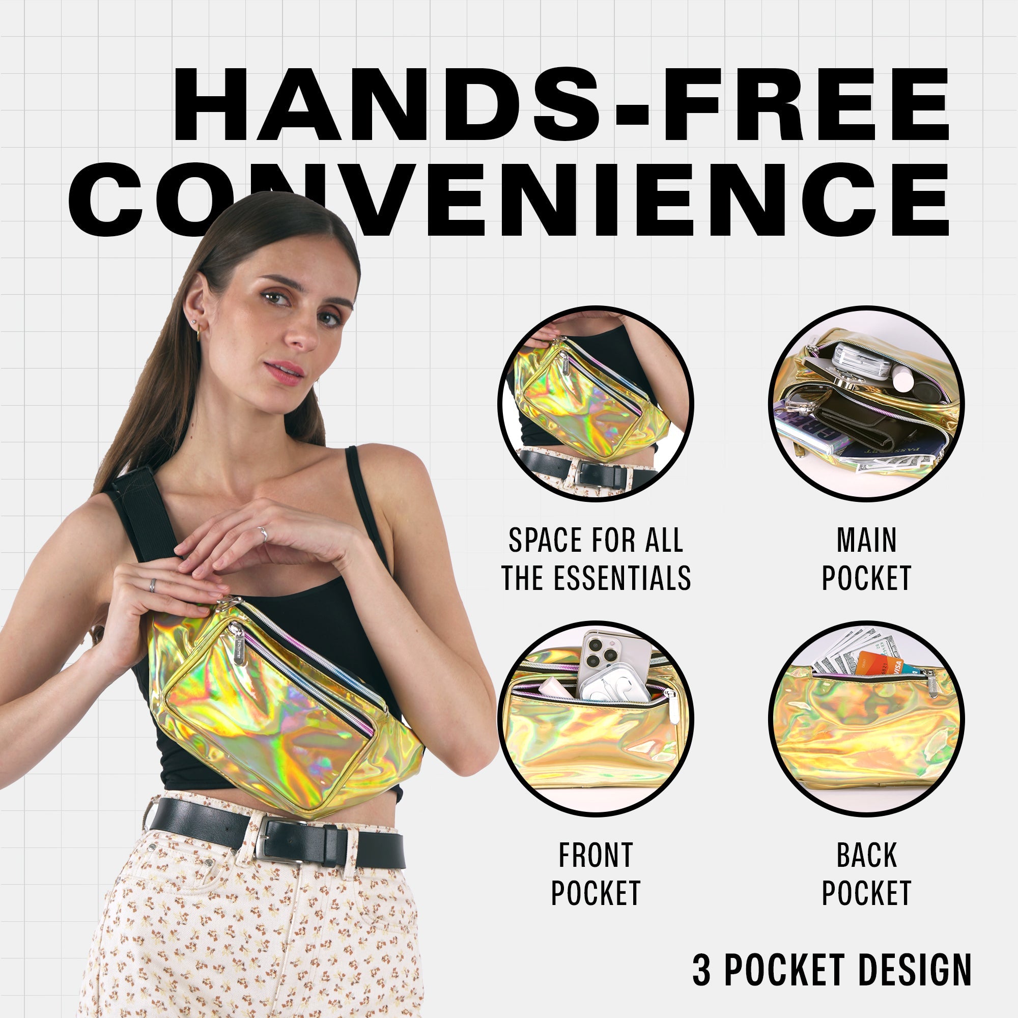 Rave Fanny Pack features hands-free convenience with three pockets for all essentials, perfect for festivals and travel.