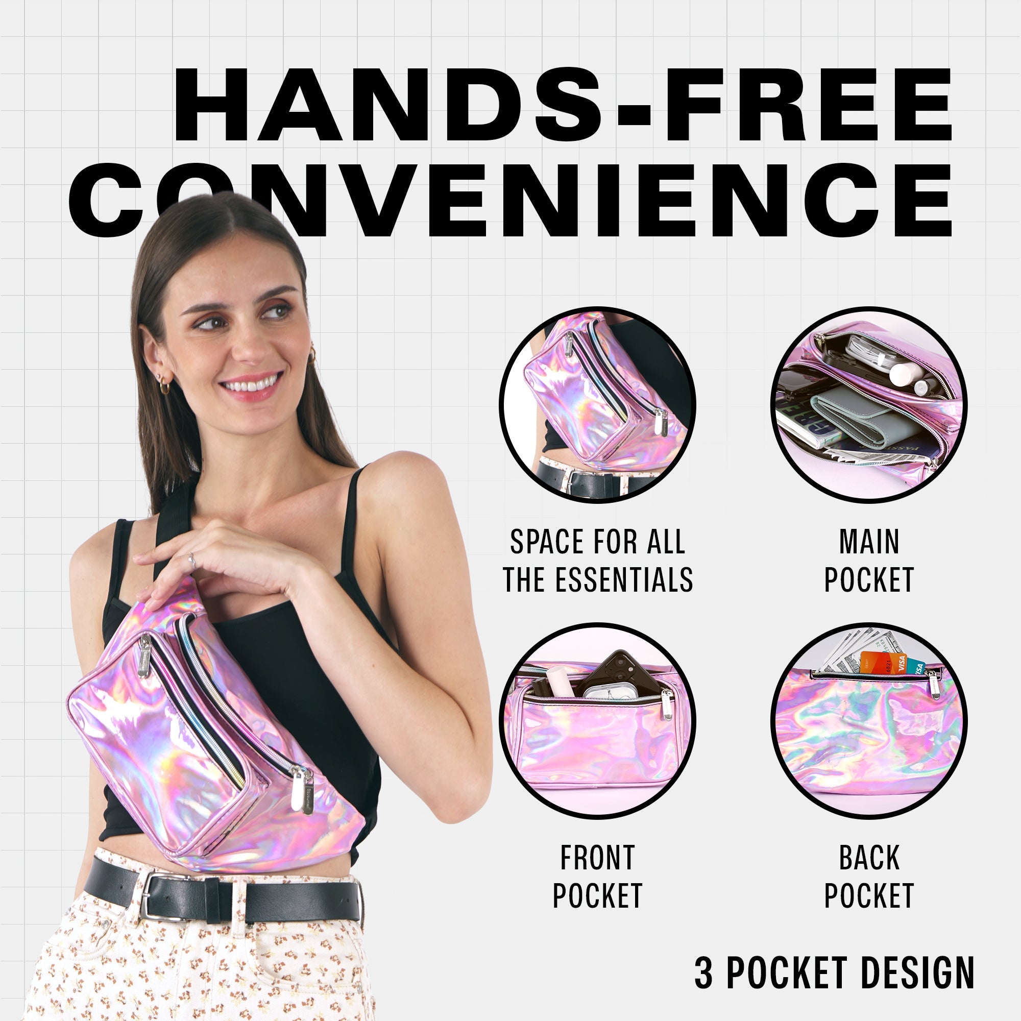 Rave Fanny Pack with hands-free convenience, showcasing 3 pocket design for essentials, perfect for festivals and parties.