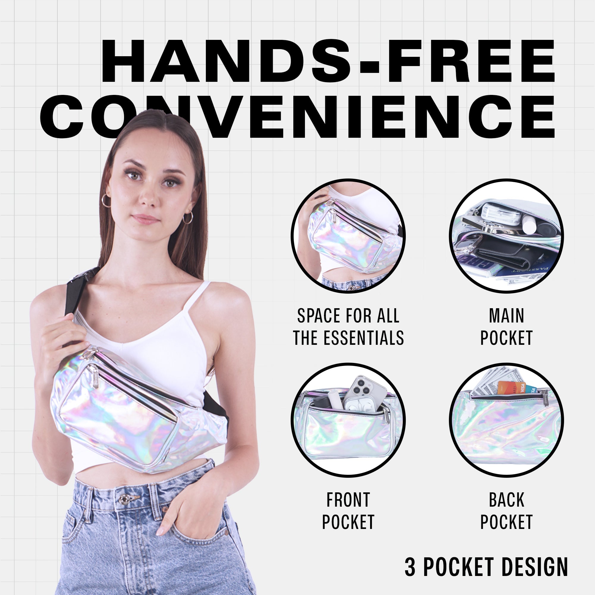 Rave Fanny Pack featuring hands-free convenience and three pocket design for essentials.