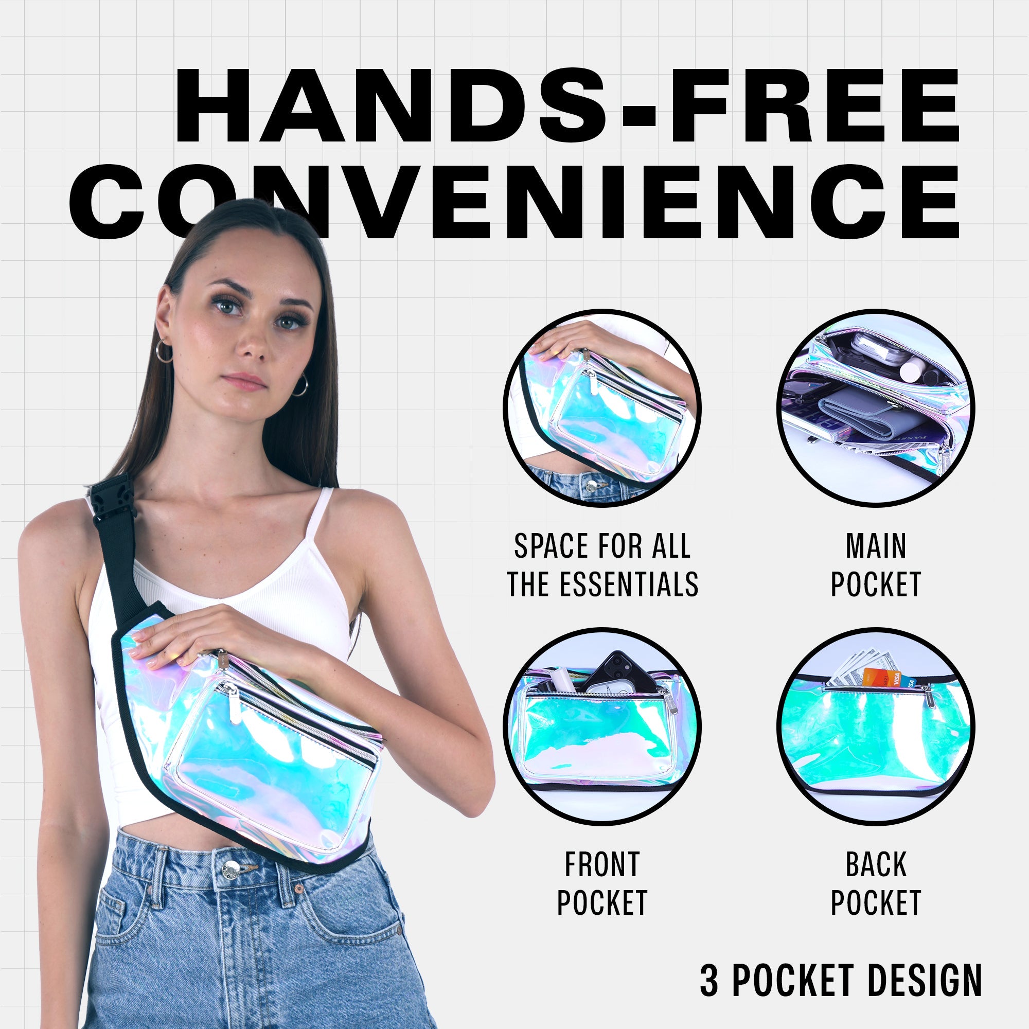 Rave Fanny Pack with hands-free convenience, featuring three pockets for essentials, perfect for festivals and travel.