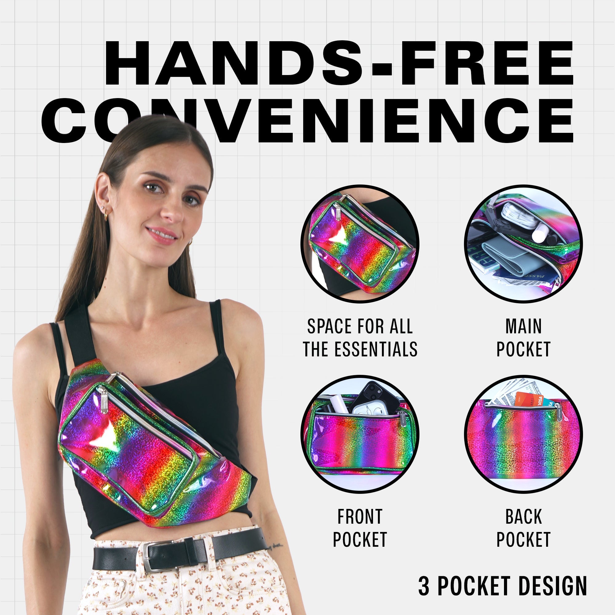 Rave Fanny Pack featuring hands-free convenience and a 3 pocket design for all essentials, perfect for festivals and travel.