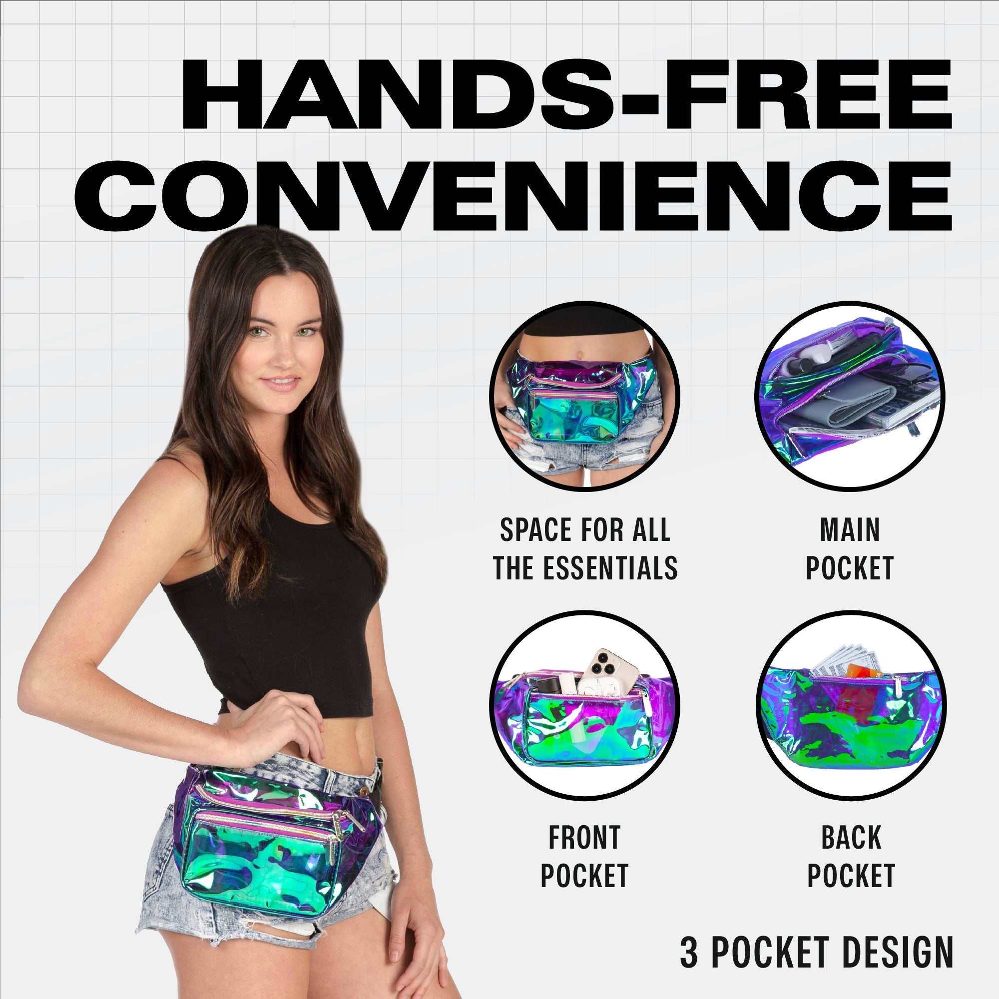 Rave Fanny Pack worn by a model showcasing hands-free convenience and multiple pockets for essentials.