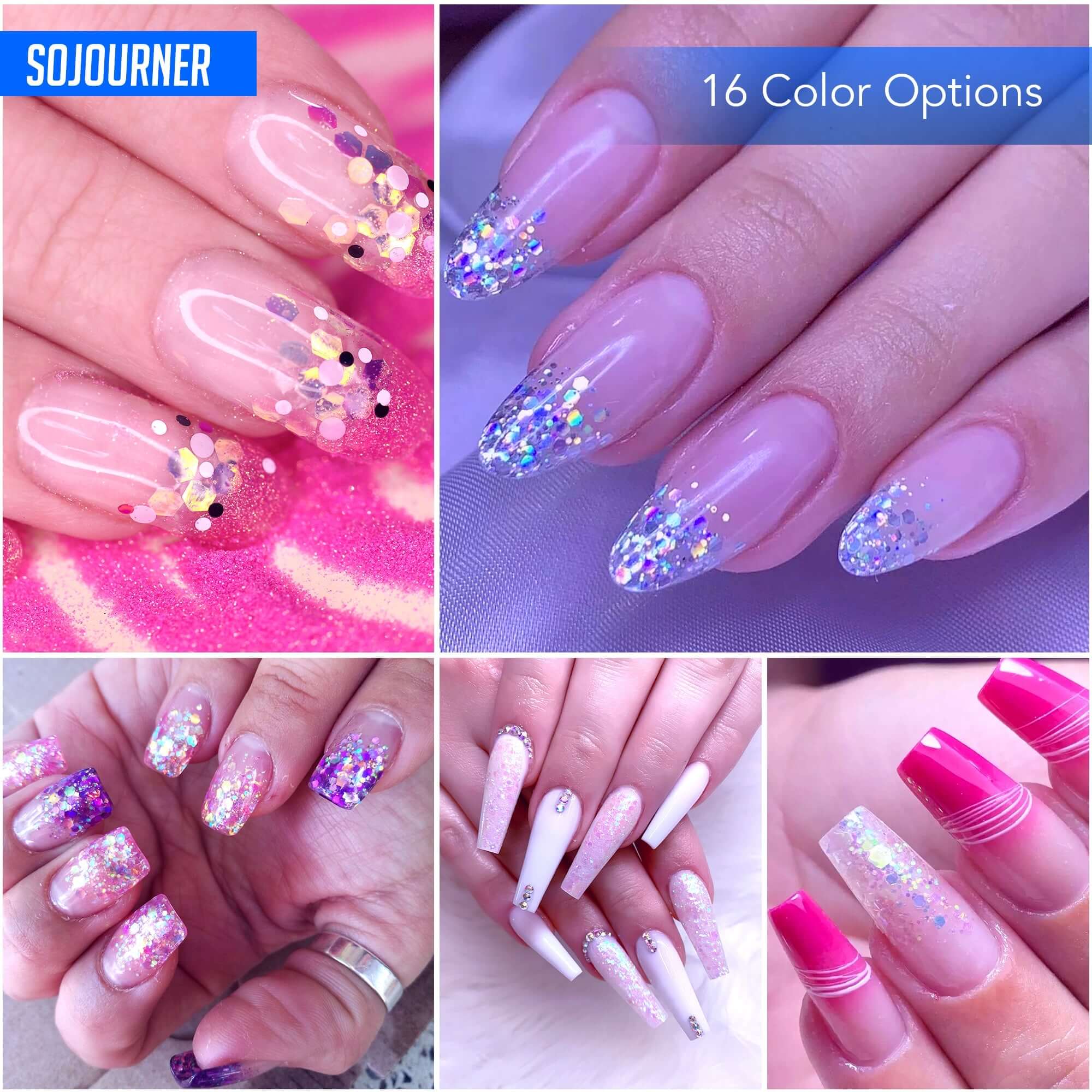 16 pack + 1 glitter glue Chunky Cosmetic Holographic Glitter | Body, Face & Hair Safe showcased on beautifully manicured nails.
