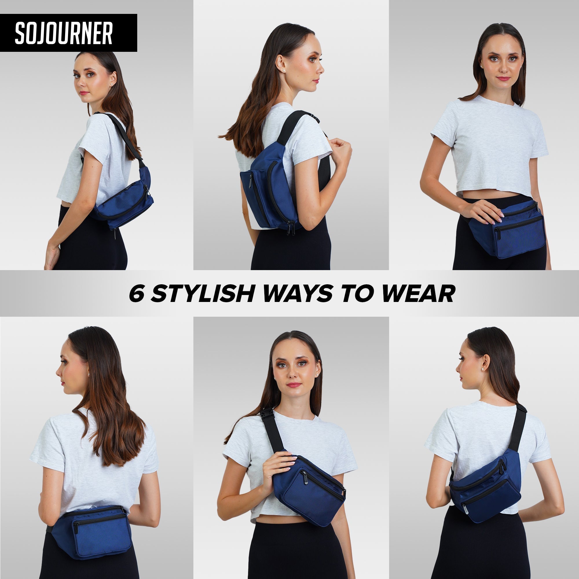 Fanny Pack (Solids) in navy worn in 6 stylish ways, showcasing versatility for rave outfits and everyday use.