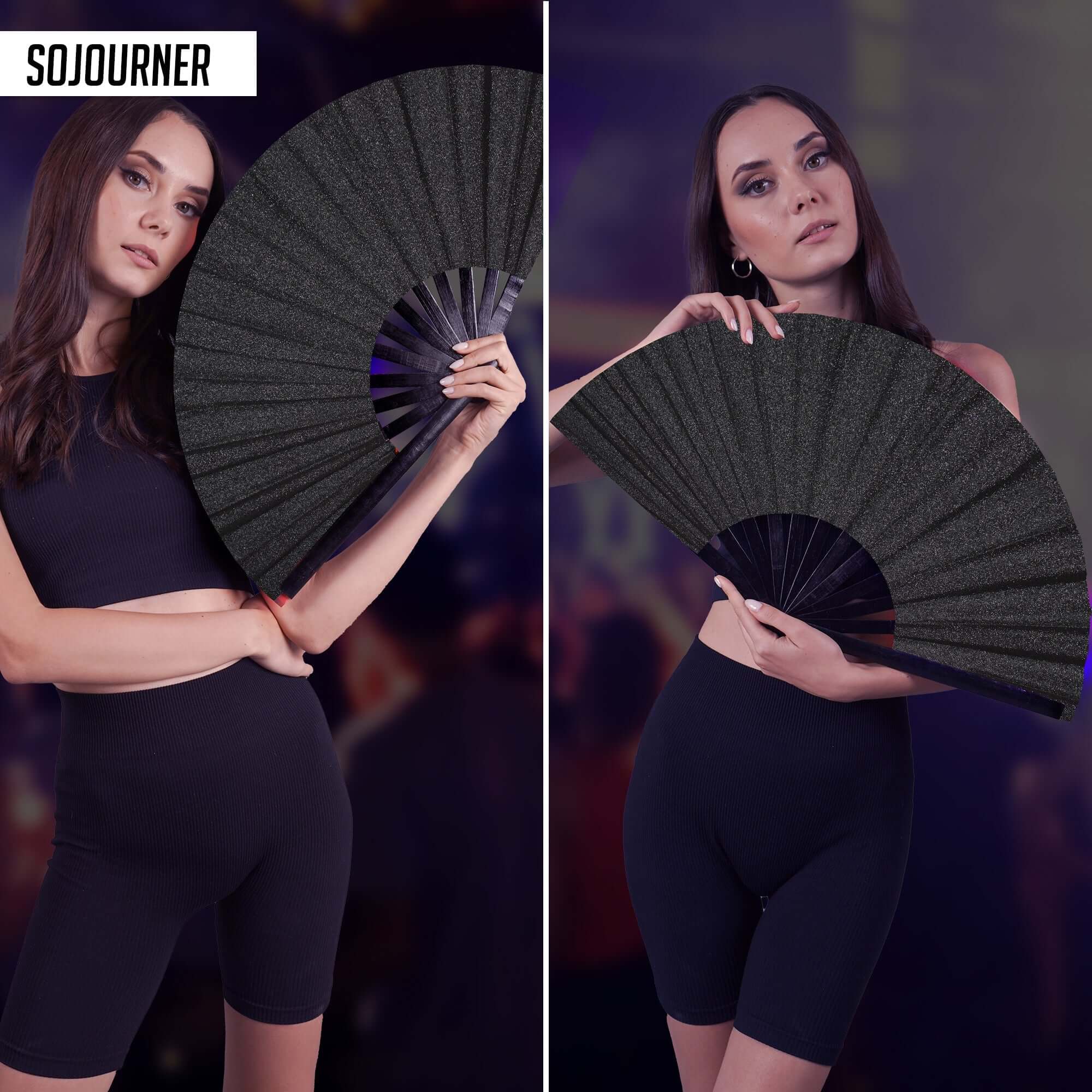 Festival Fans - Large Folding Fan for Festivals held by model wearing a black outfit, perfect for rave outfits.