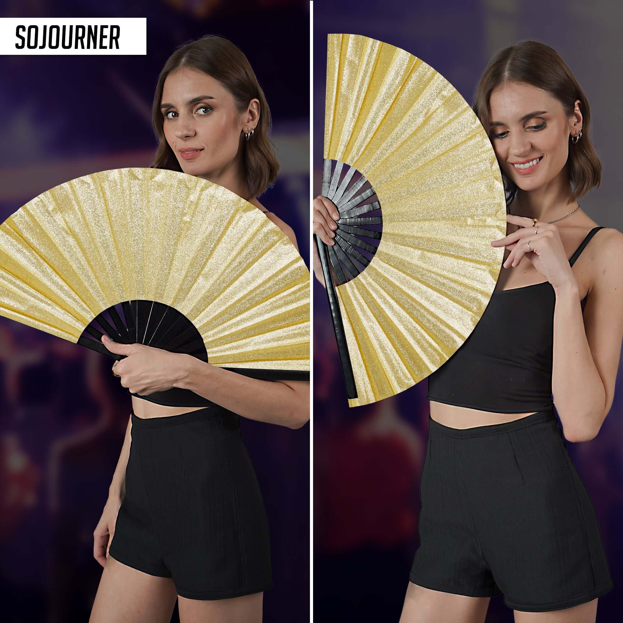 Festival Fans in vibrant gold color held by a woman showcasing a stylish look for rave outfits.