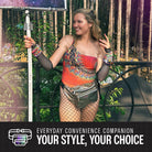 Woman wearing colorful Rave Fanny Pack, perfect for music festivals and parties, showcasing fun style and convenience.
