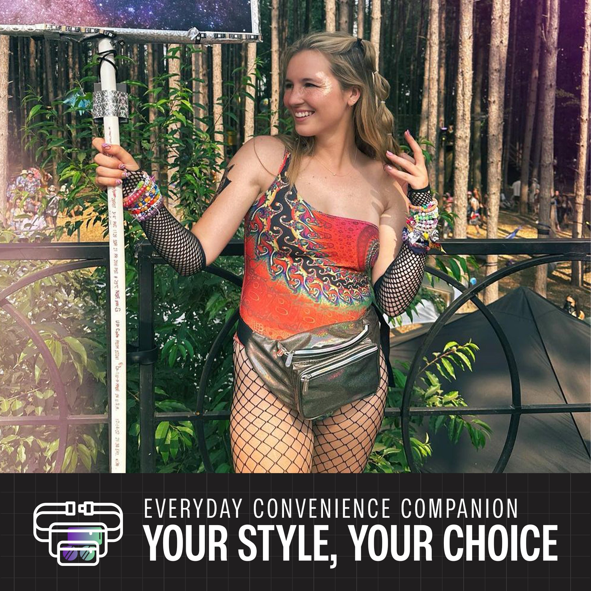 Woman wearing colorful Rave Fanny Pack, perfect for music festivals and parties, showcasing fun style and convenience.