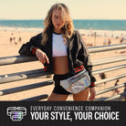 Trendy girl at the beach wearing a Rave Fanny Pack, perfect for festivals and outdoor activities.