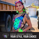 Rave Fanny Pack worn by a woman with colorful style at a festival, showcasing vibrant accessories and fun atmosphere.