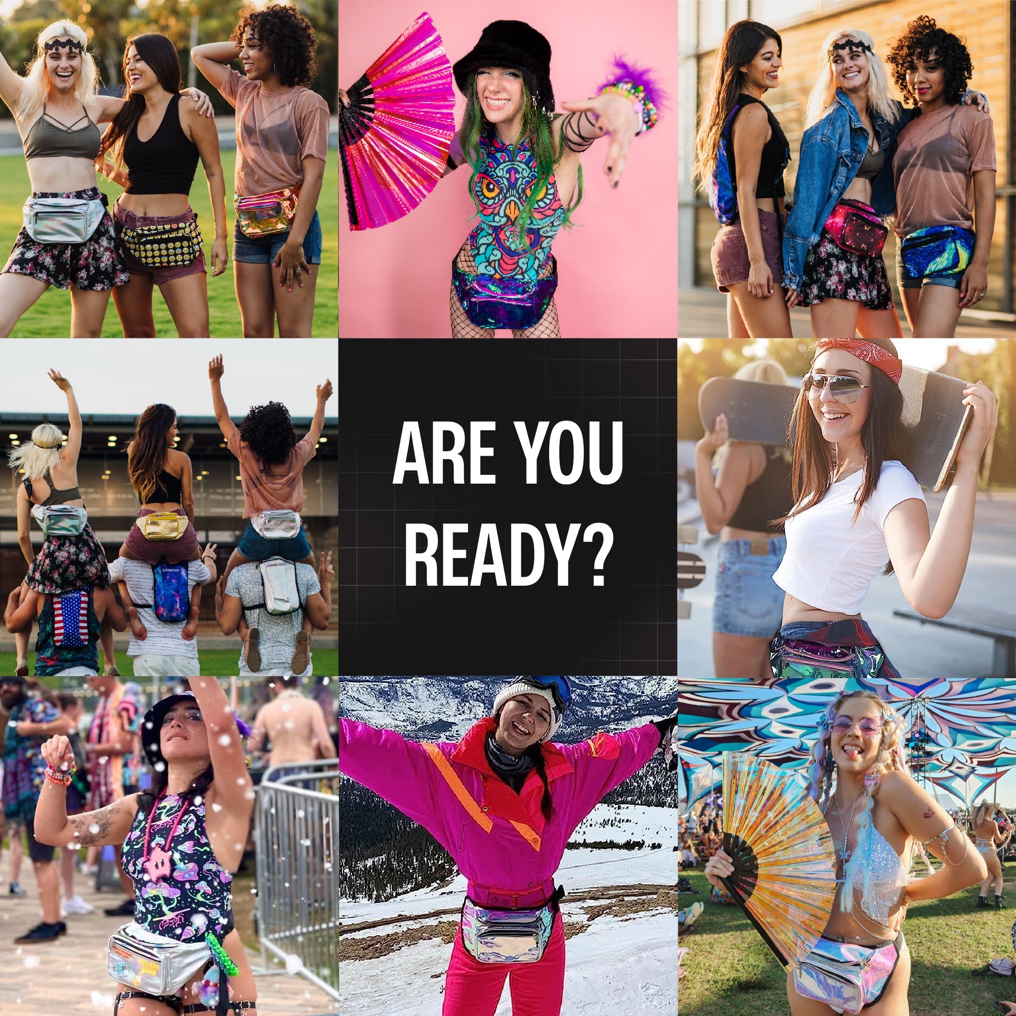 Collage of women in stylish Rave Fanny Packs at festivals and events, showcasing vibrant rave outfits.