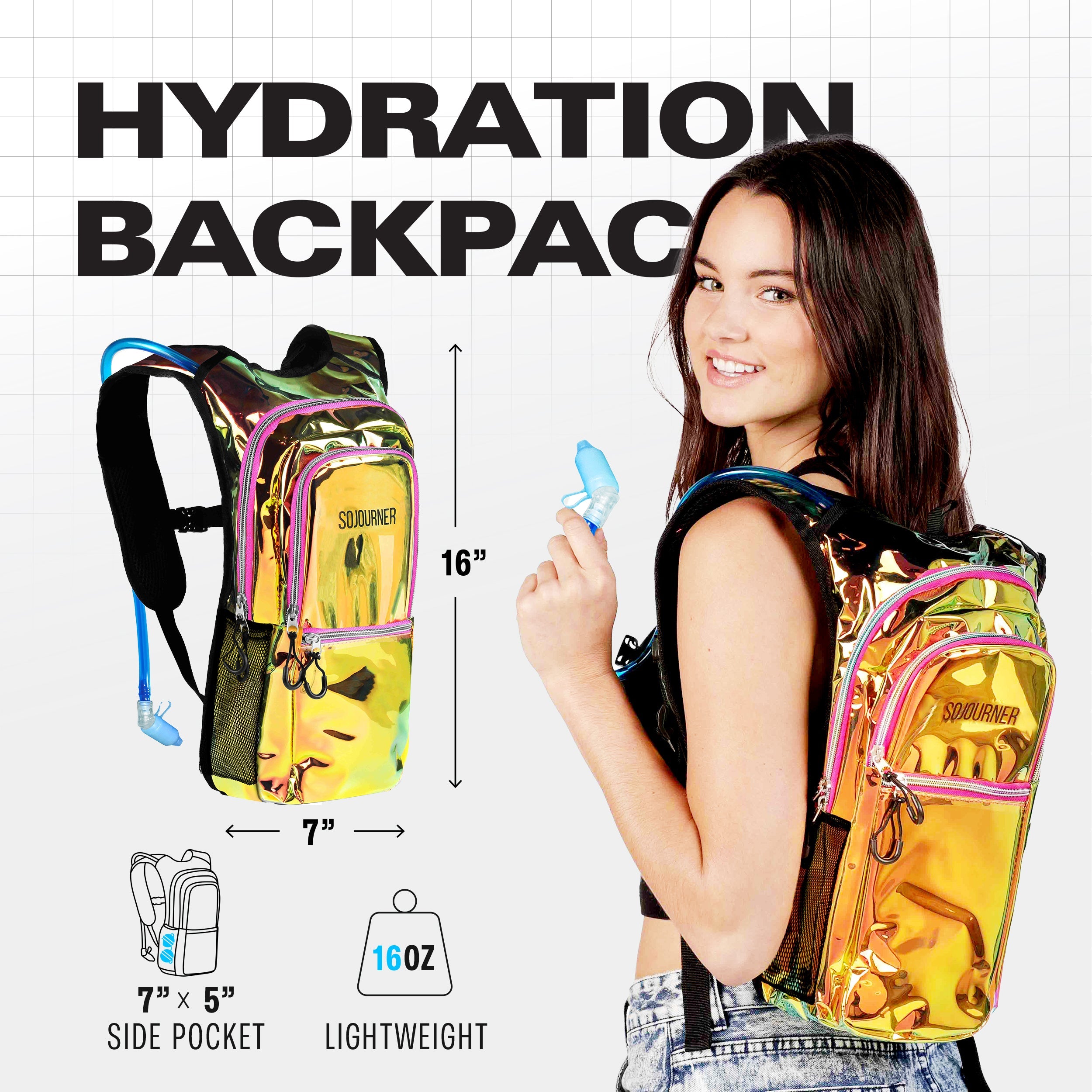 Hydration Pack Backpack (Medium) featuring lightweight design and vibrant colors, ideal for rave outfits.