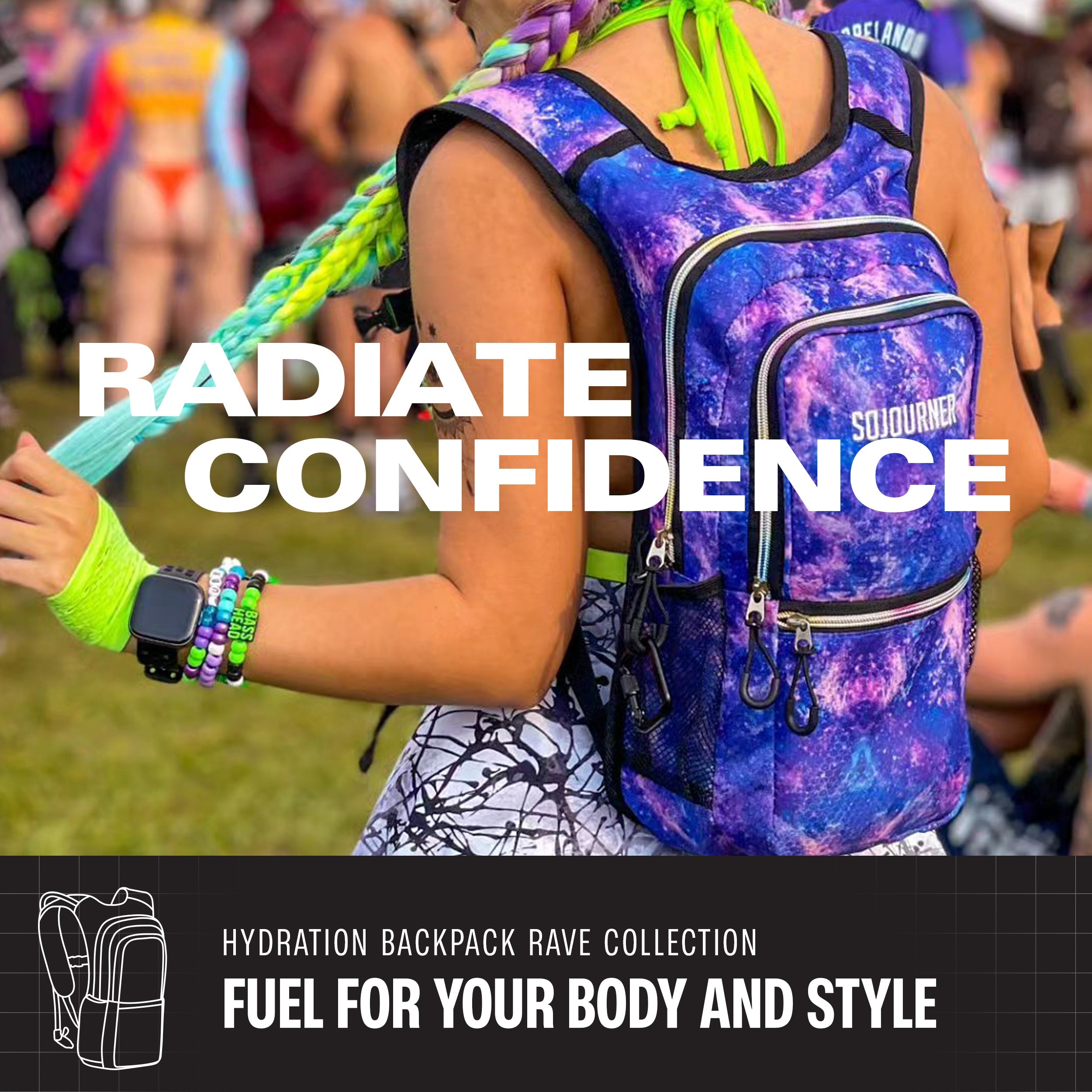 Hydration Pack Backpack (Medium) worn at a vibrant rave, showcasing style and comfort for hydration on-the-go.