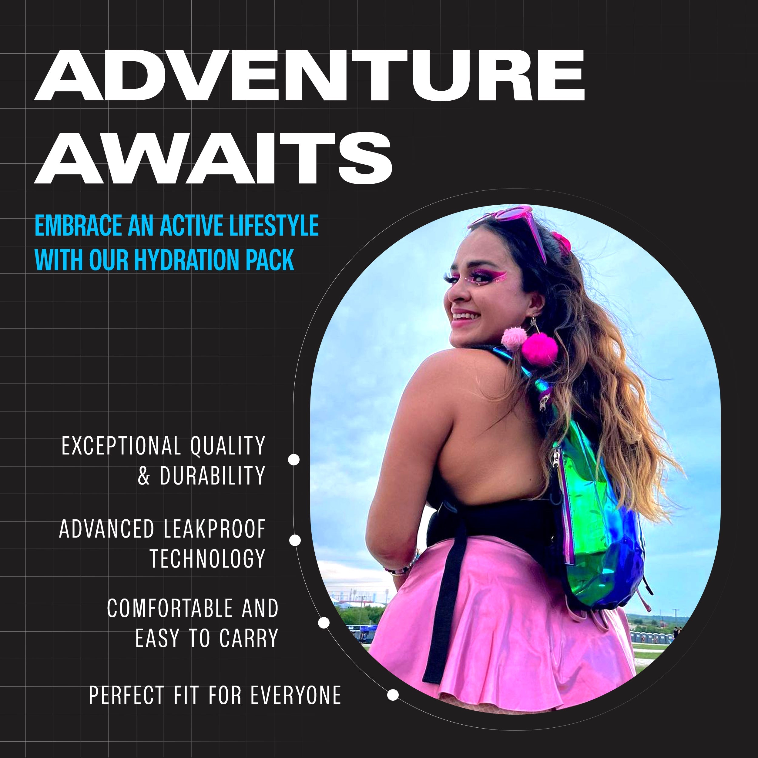 Adventure awaits with our Hydration Pack Backpack (Small), perfect for an active lifestyle and Rave Outfits.