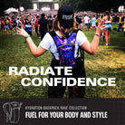 Woman at a festival wearing a Hydration Pack Backpack (Small) in a vibrant design for comfort and style.