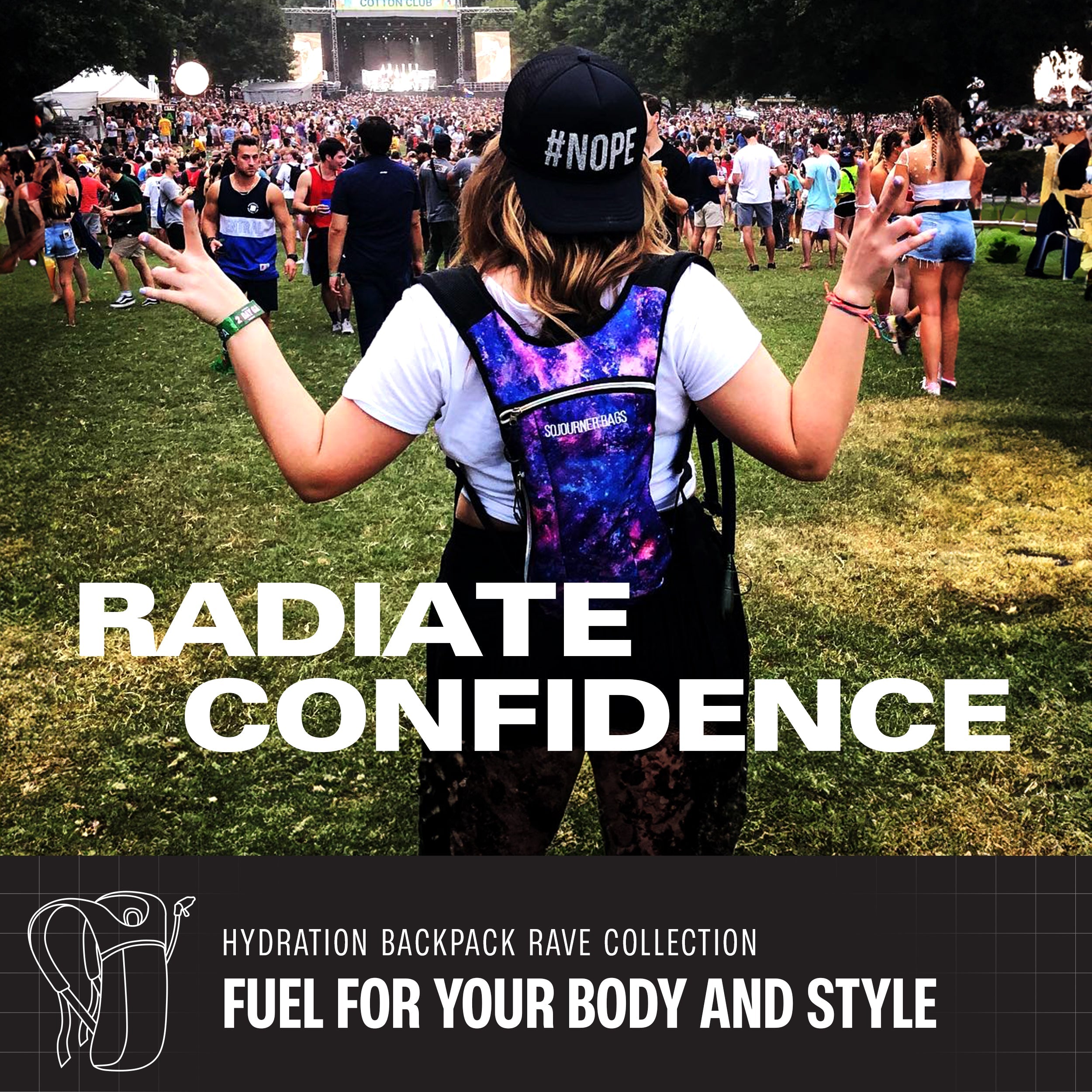Woman at a festival wearing a Hydration Pack Backpack (Small) in a vibrant design for comfort and style.