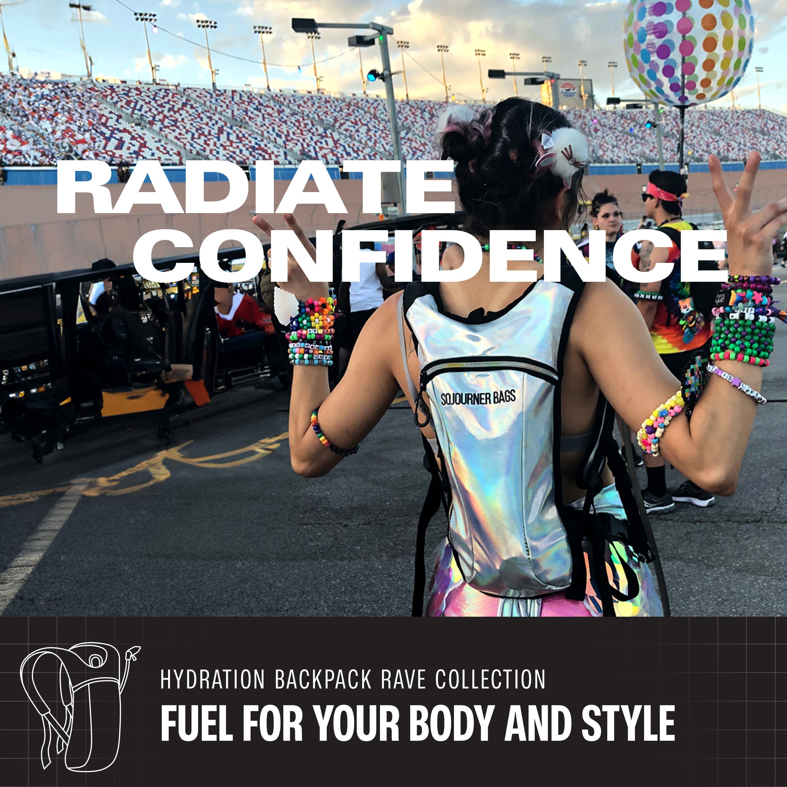 Hydration Pack Backpack (Small) stylishly worn at a rave, showcasing comfort and vibrant accessories for confidence.
