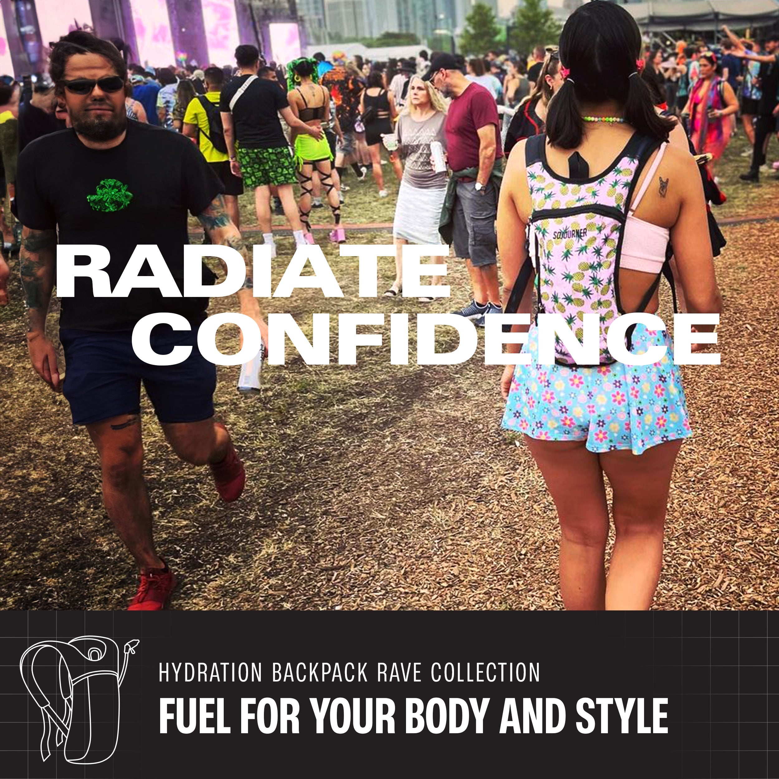 Hydration Pack Backpack (Small) worn at a rave, showcasing comfort and style with vibrant outfits.