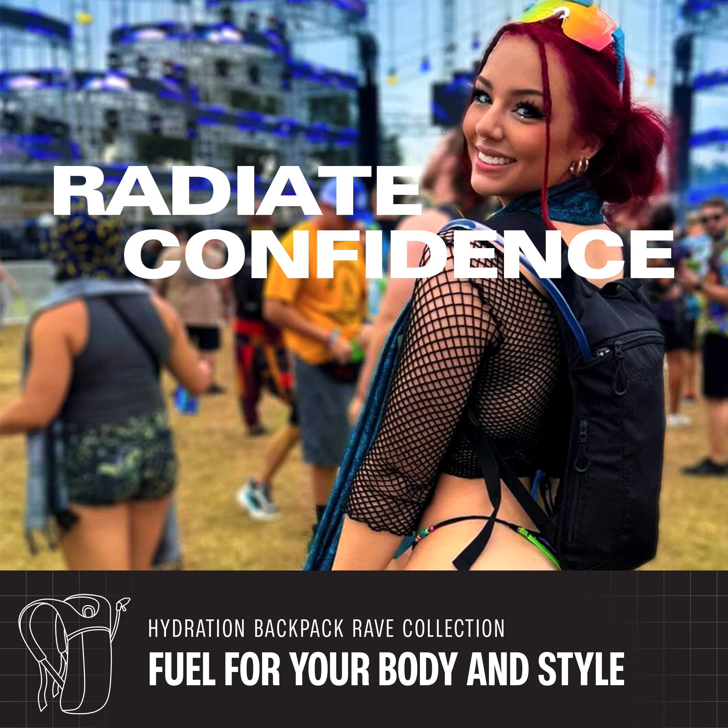 Hydration Pack Backpack (Small) worn at a rave, showcasing comfort and style for festival-goers.