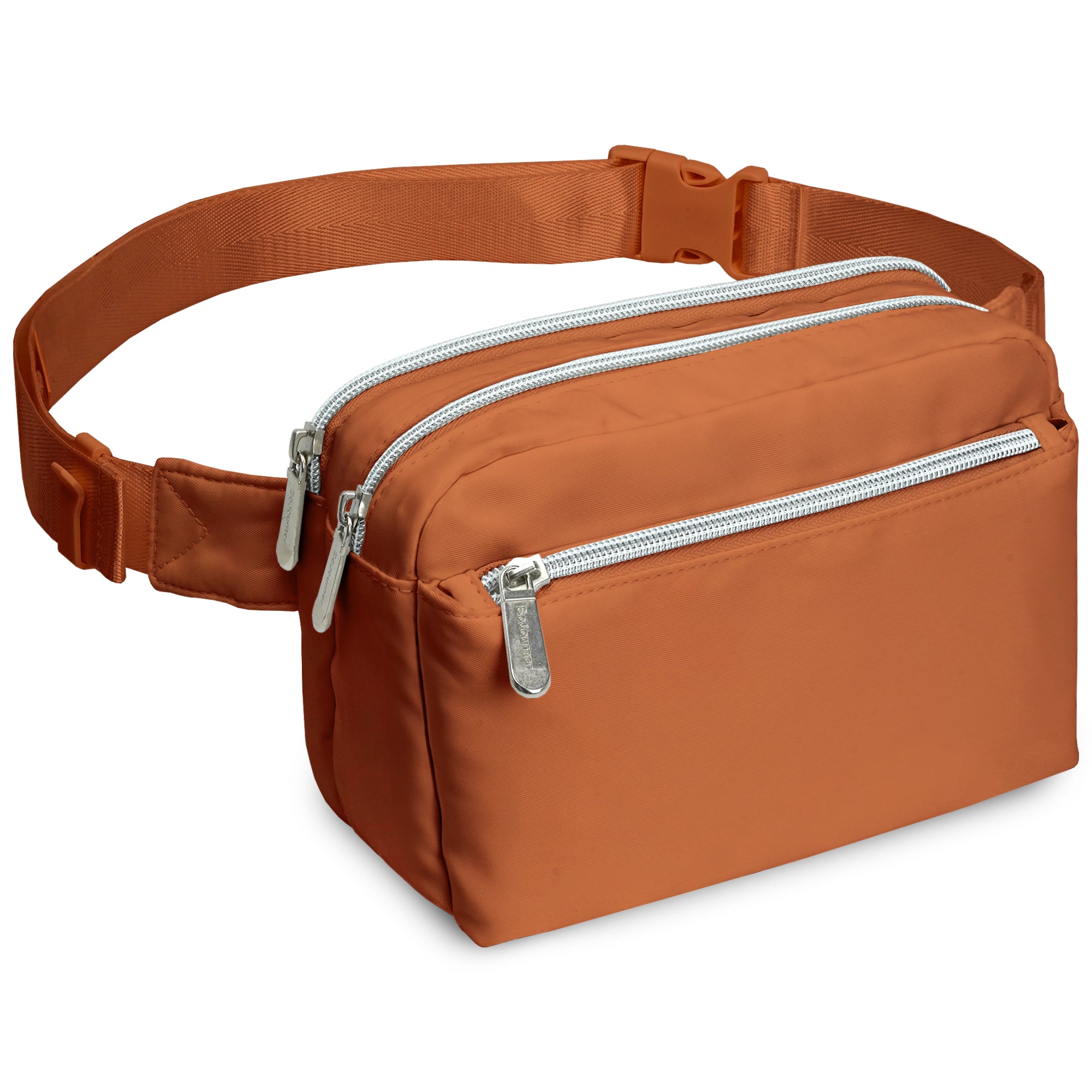 Fanny Pack (3 Pocket) in orange color with multiple zippered compartments and adjustable belt for stylish support.